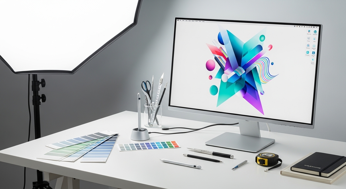 Bàn làm việc thiết kế đồ họa hiện đại với màn hình hiển thị thiết kế trừu tượng, bút stylus và thẻ màu. Hoàn hảo để tạo logo Youtube chất lượng cao.