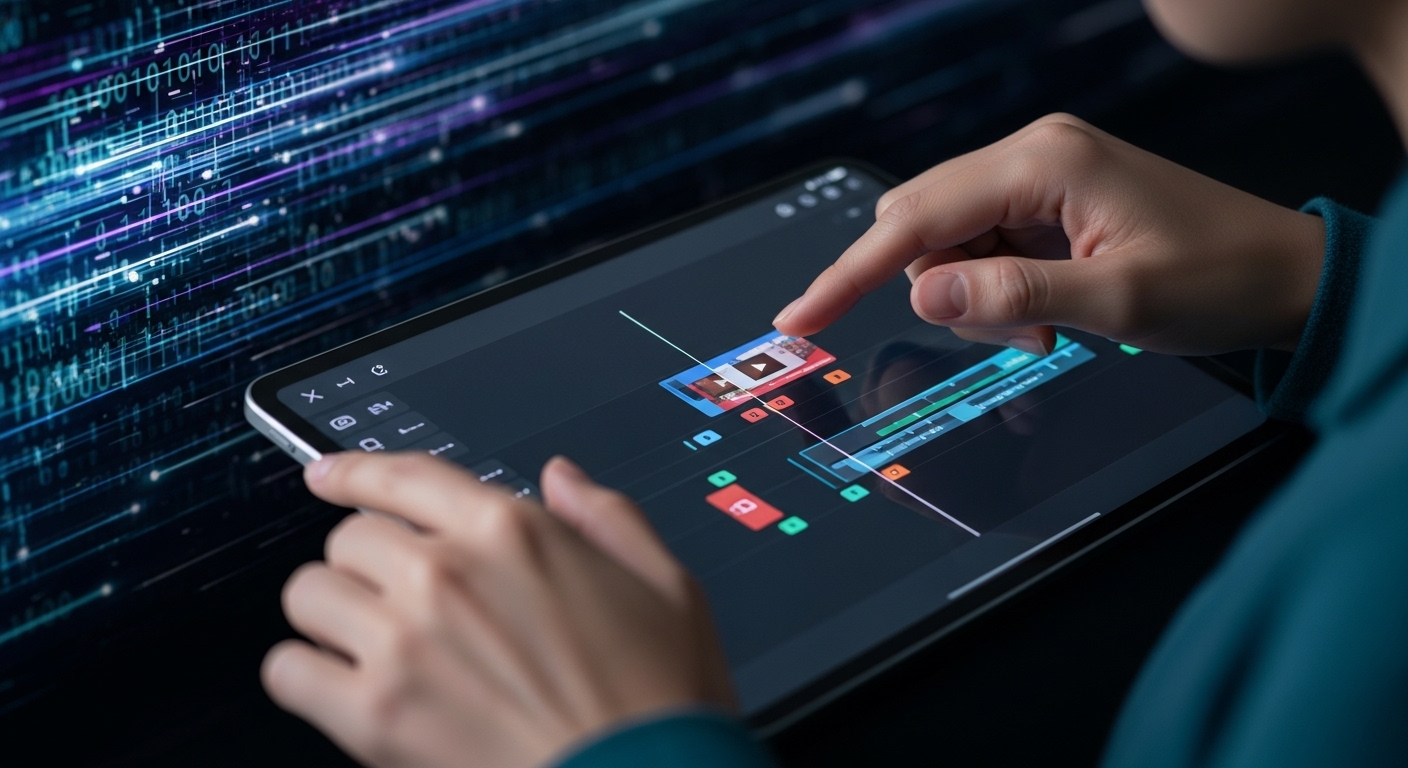 Tay người dùng tablet với giao diện chỉnh sửa video kéo thả trực quan, biểu trưng cho sự hiệu quả và tốc độ khi tạo video bằng AI.