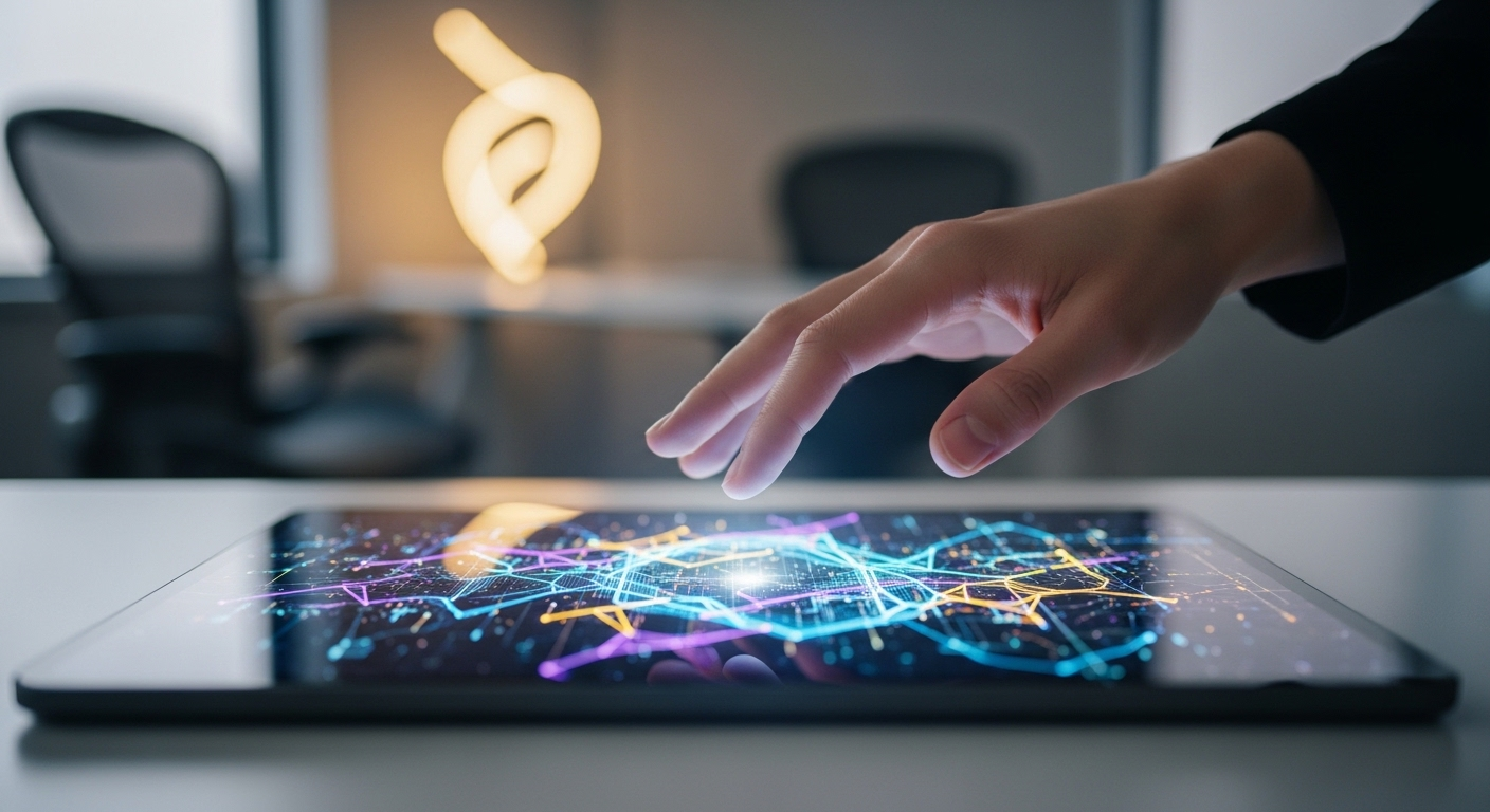 Bàn tay thao tác trên máy tính bảng kỹ thuật số, màn hình sáng hiển thị các hiệu ứng động, minh họa cách chuyển ảnh thành video bằng AI trên Canva dễ dàng trong không gian sáng tạo.