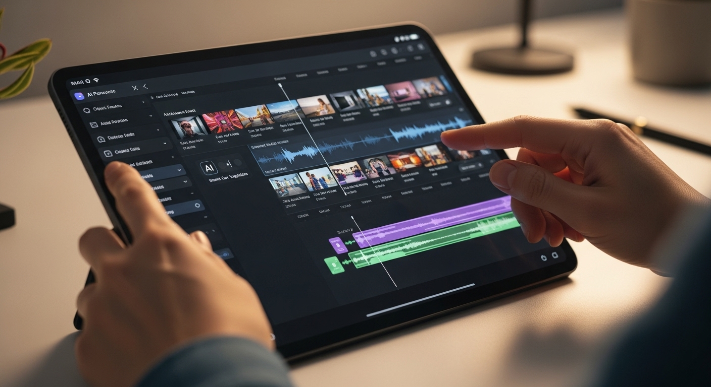 Tay người dùng đang thao tác trên máy tính bảng, hiển thị giao diện ứng dụng làm video bằng AI với dòng thời gian và sóng âm chuyên nghiệp.