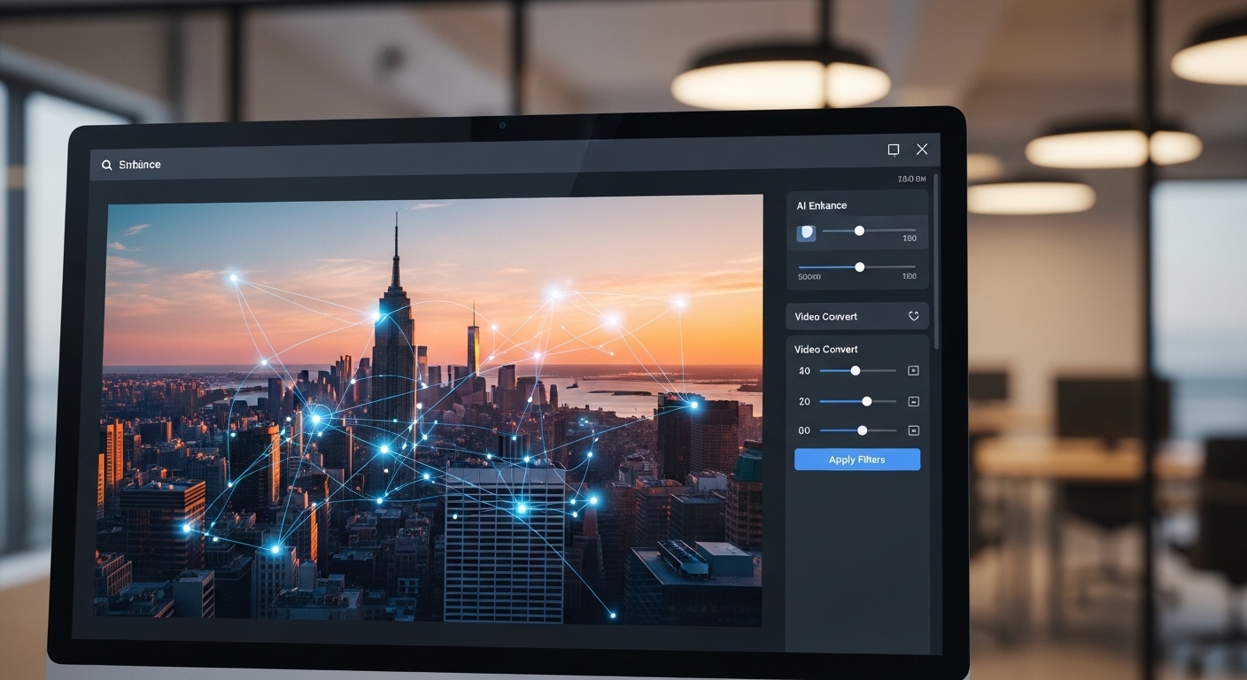 Màn hình máy tính hiện đại hiển thị ảnh chất lượng cao với hiệu ứng AI phát sáng, minh họa Cách chuyển ảnh thành video bằng AI trên Canva một cách chuyên nghiệp.