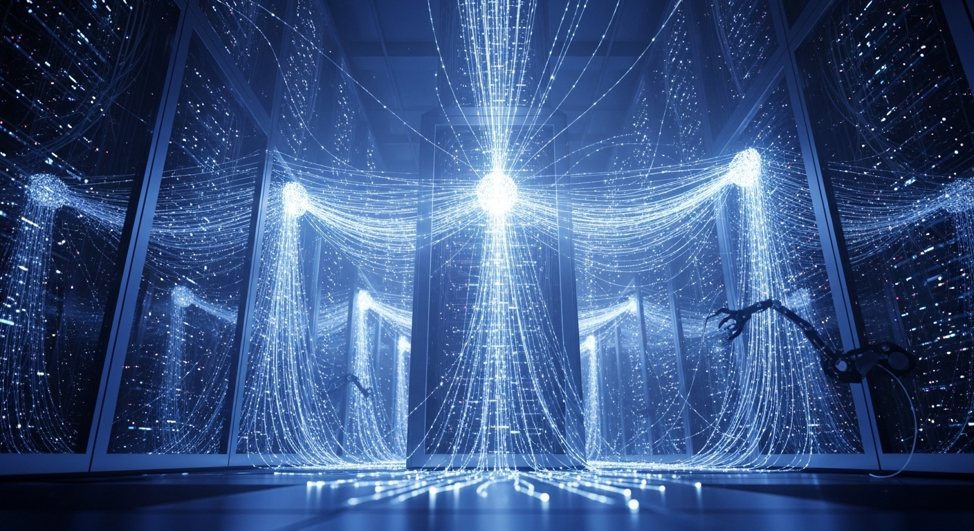 Mạng lưới dữ liệu và kết nối AI màu xanh tím rực rỡ trong phòng máy chủ tương lai, minh họa hệ thống xử lý thông tin thông minh. Hình ảnh này giúp hình dung về bối cảnh công nghệ mà D-ID là gì hoạt động trong đó.