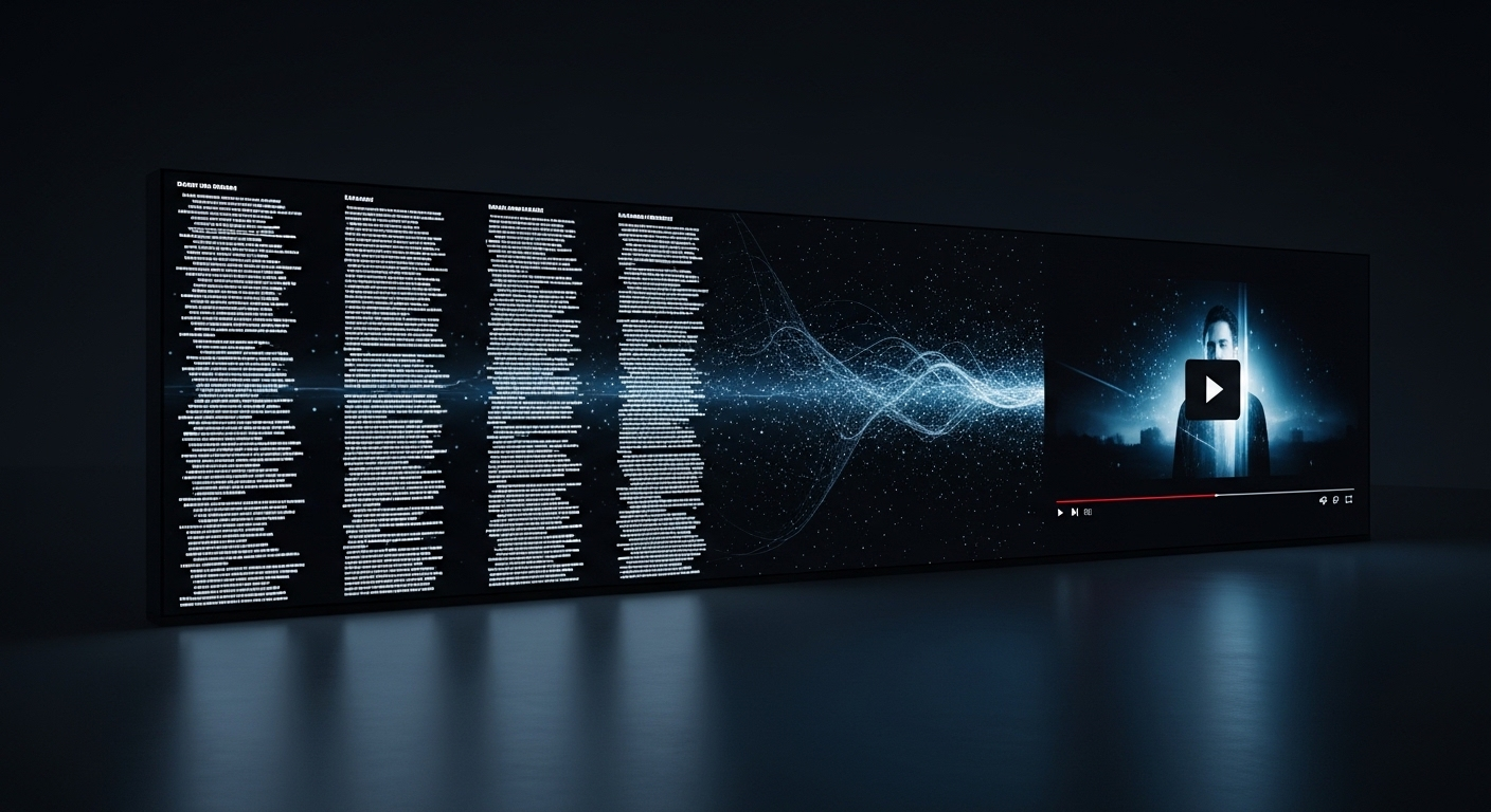 Màn hình kỹ thuật số hiện đại hiển thị văn bản và video chuyên nghiệp song song, minh họa cách làm video bằng AI chuyển đổi nội dung chữ thành hình ảnh động cuốn hút.