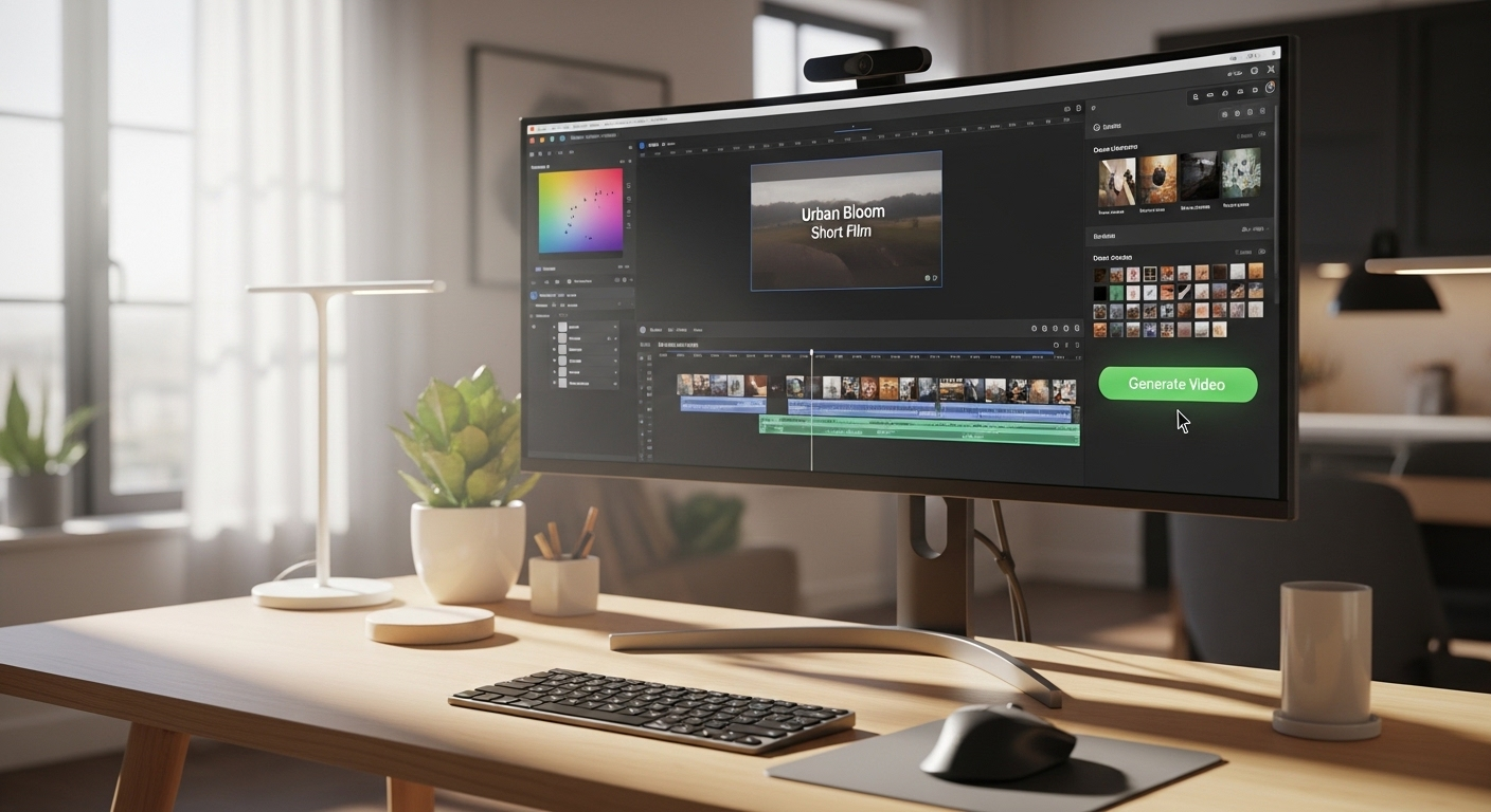 Giao diện chỉnh sửa video trên màn hình lớn, với con trỏ chuột chuẩn bị nhấn 'Tạo video', hướng dẫn Cách tạo video Veo 3 trên Canva một cách hiệu quả tại không gian làm việc hiện đại.