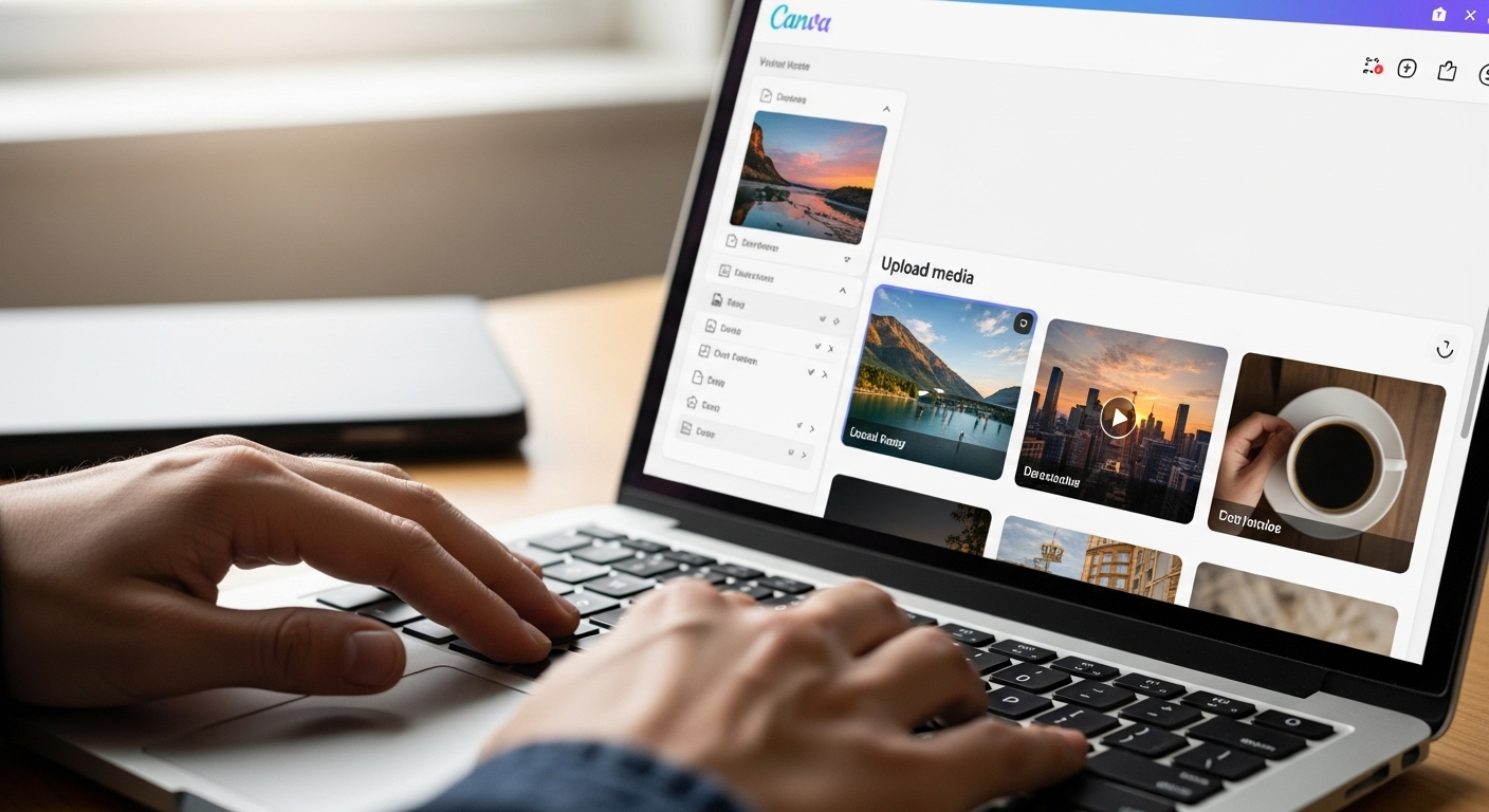 Đôi tay đang thao tác trên laptop, màn hình hiển thị trình chỉnh sửa video Canva với mục 'tải lên media' đang mở, thể hiện một bước quan trọng trong cách làm video trên Canva.