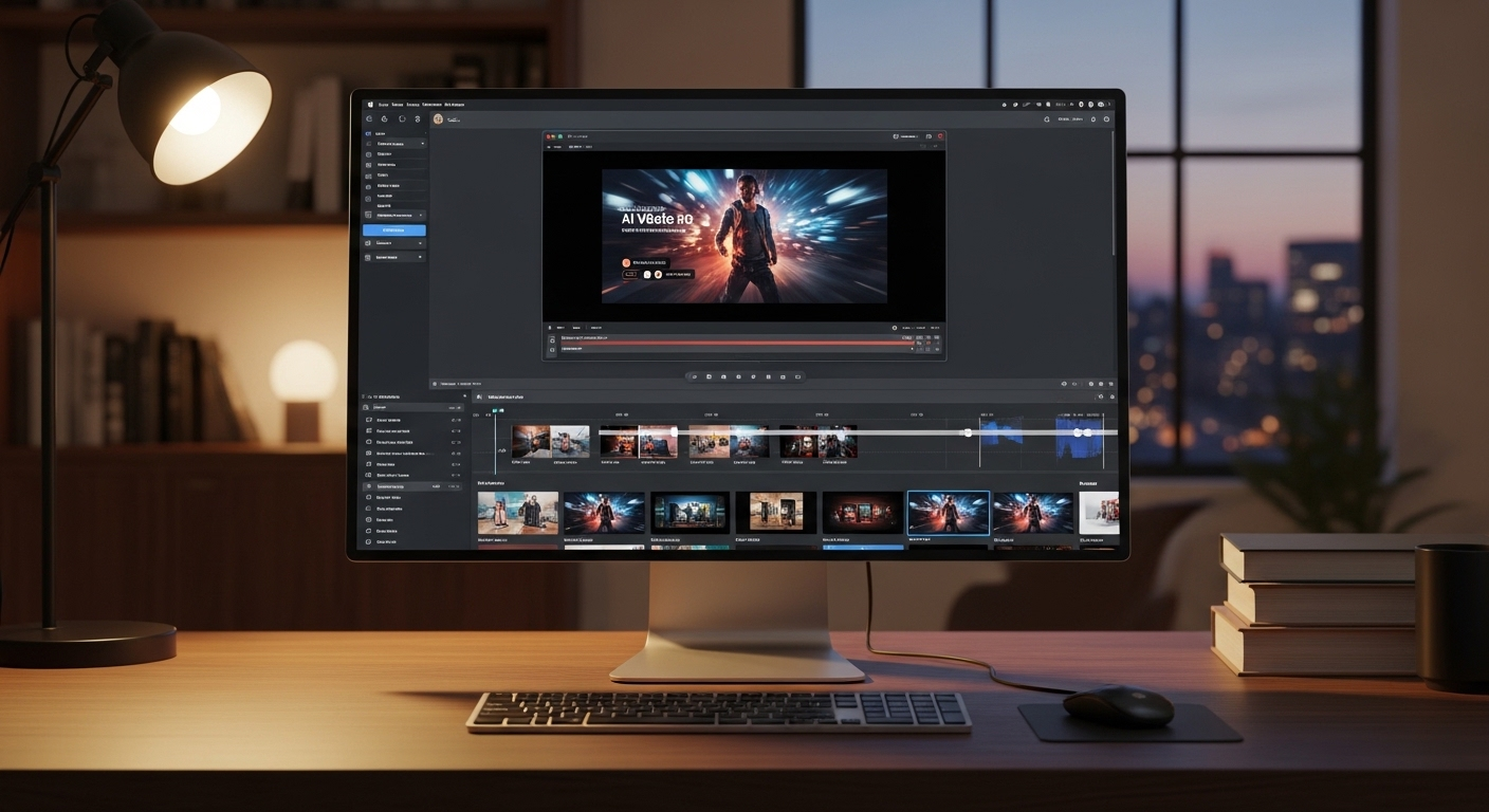 Bàn làm việc chuyên nghiệp với màn hình hiển thị giao diện AI Veo 3 đang minh họa cách tạo video bằng AI Veo 3 tiếng Việt cho quảng cáo sản phẩm.