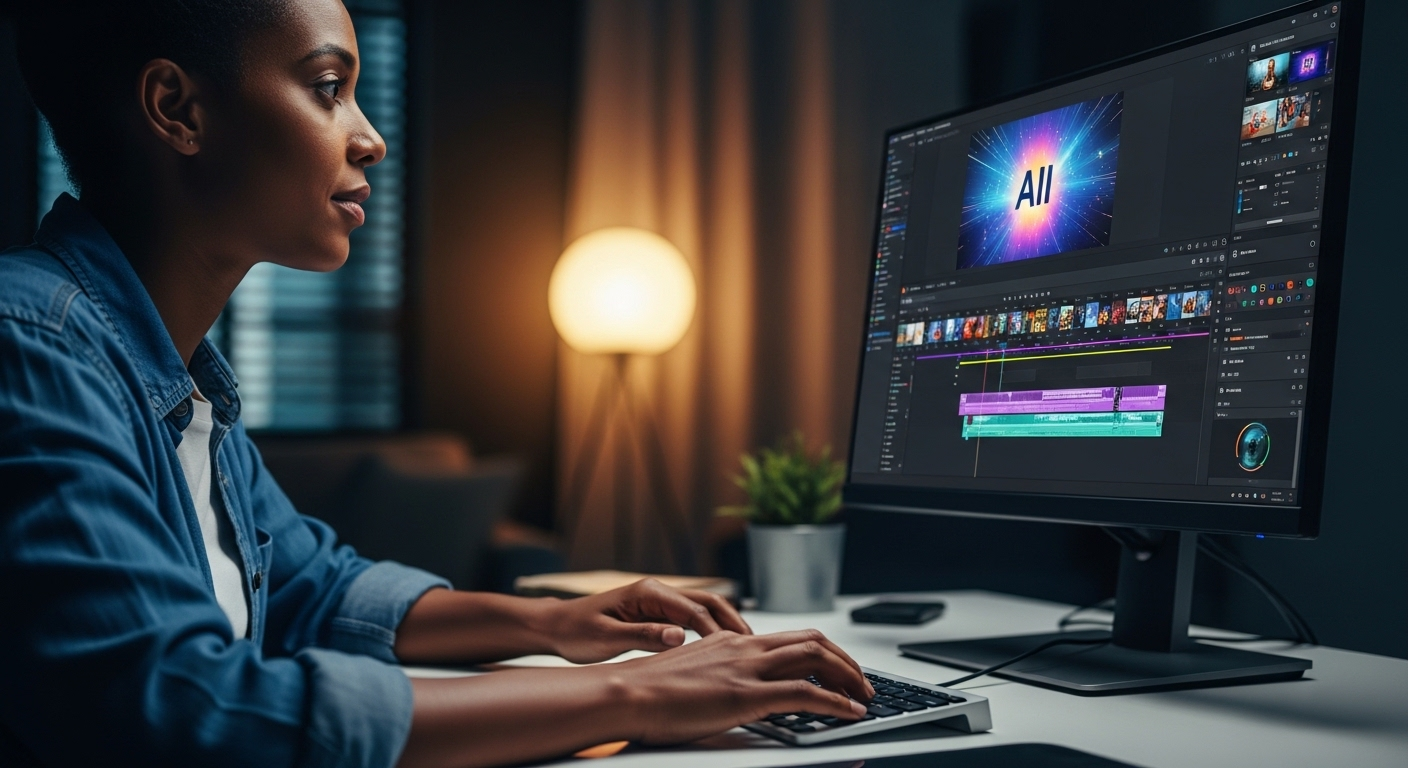 Nhà sáng tạo nội dung chuyên nghiệp đang tập trung vào màn hình hiển thị timeline chỉnh sửa video AI, thể hiện cách sử dụng Veo 3 AI tạo video một cách hiệu quả.