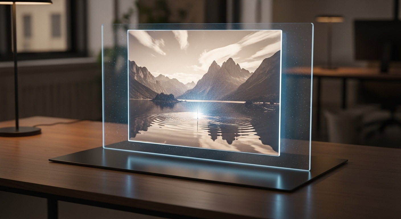 Màn hình hologram trong suốt hiển thị ảnh hồ núi tĩnh lặng đang dần chuyển động với nước gợn sóng và mây trôi nhẹ, minh họa công nghệ tạo video AI chân thực từ ảnh tĩnh.