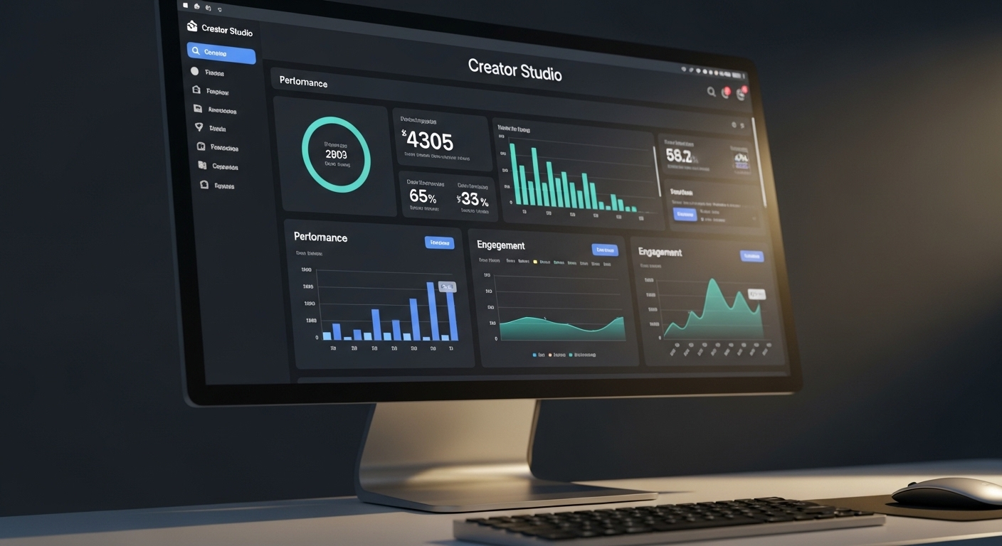 Màn hình máy tính hiển thị bảng điều khiển Creator Studio với các số liệu hiệu suất và biểu đồ tương tác, công cụ thiết yếu để tìm hiểu cách bật kiếm tiền trên Facebook và quản lý nội dung hiệu quả.