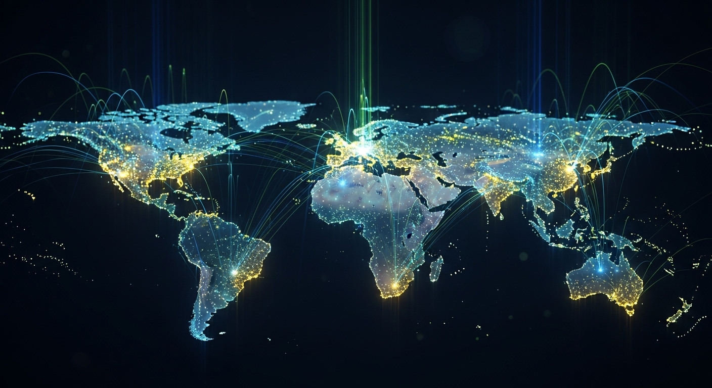 Bản đồ thế giới phát sáng với mạng lưới dữ liệu biểu tượng kết nối kỹ thuật số toàn cầu và tiềm năng kinh tế số, bao gồm các cơ hội để Facebook kiếm tiền.