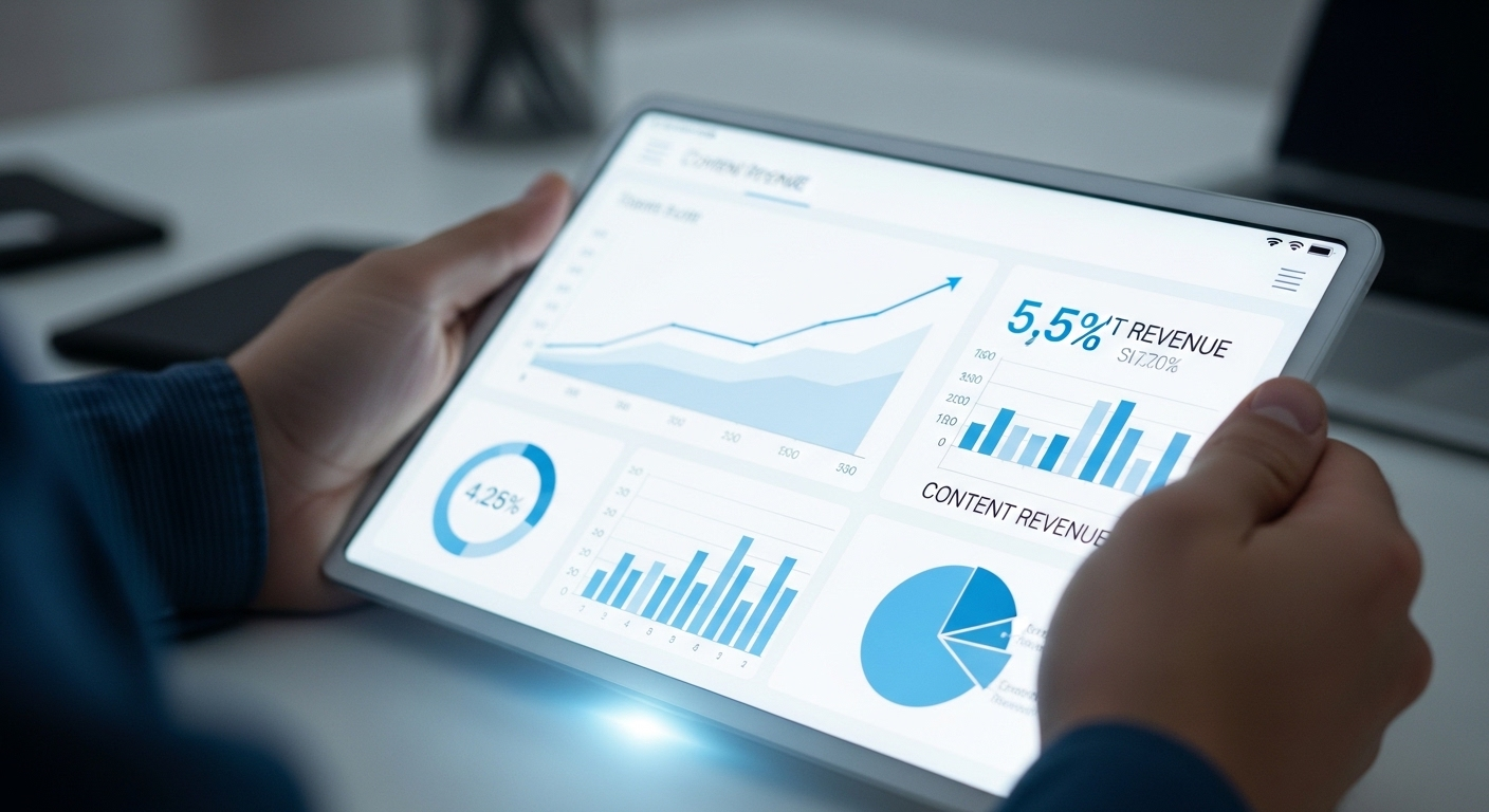 Tay đang cầm tablet xem dashboard hiển thị biểu đồ doanh thu nội dung tăng trưởng ấn tượng, minh họa tiềm năng khi biết cách bật kiếm tiền từ Facebook Story hiệu quả.