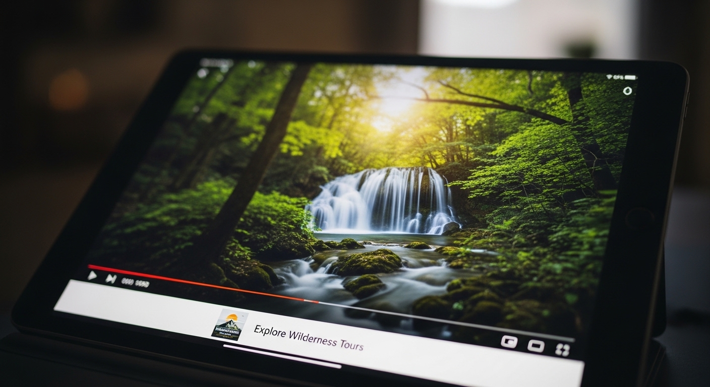 Cận cảnh màn hình máy tính bảng hiển thị video giáo dục thiên nhiên với banner quảng cáo tích hợp, minh họa Hướng dẫn kiếm tiền trên Facebook Ad Breaks.