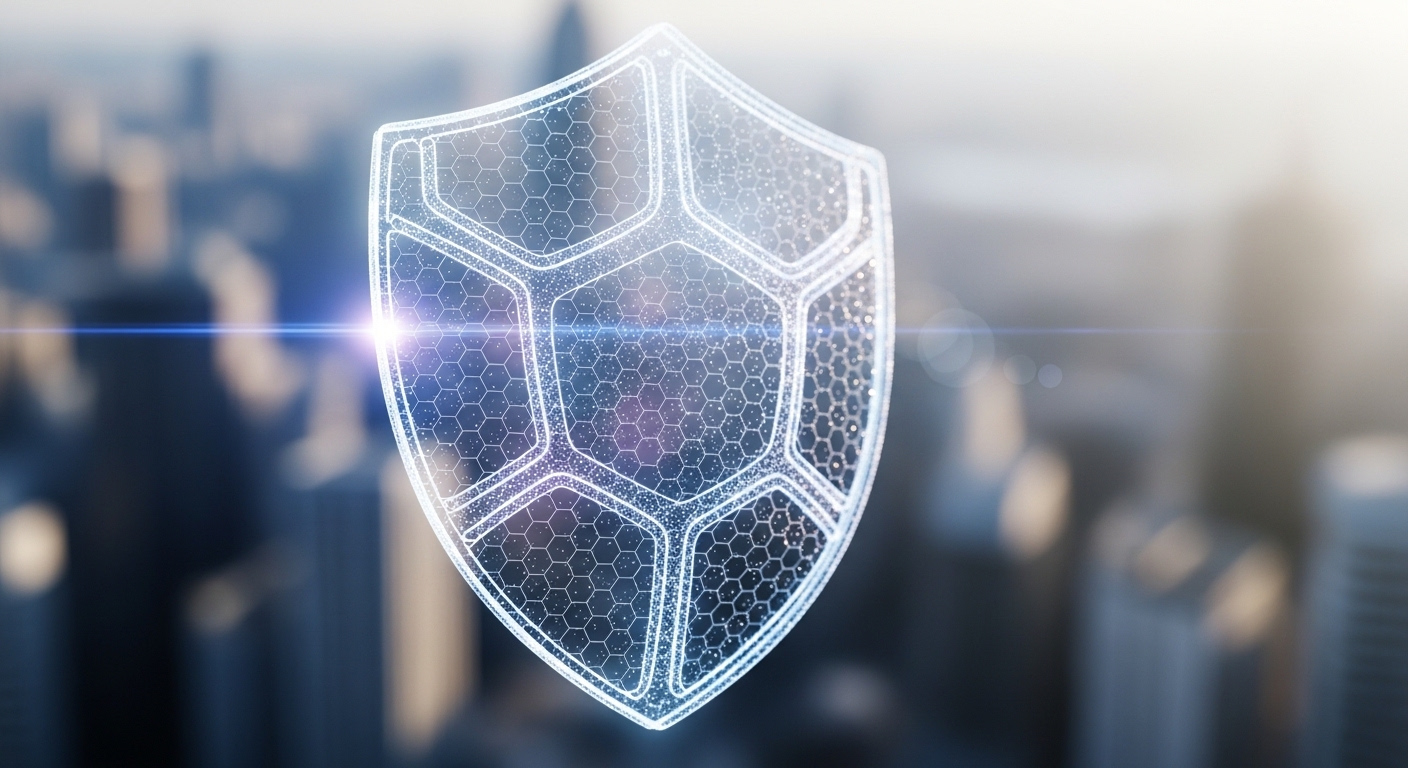 Một khiên kỹ thuật số trong suốt lấp lánh, bảo vệ ảnh mờ phía sau. Hình ảnh minh họa cho cách tạo khiên bảo vệ avatar Facebook hiệu quả và an toàn.