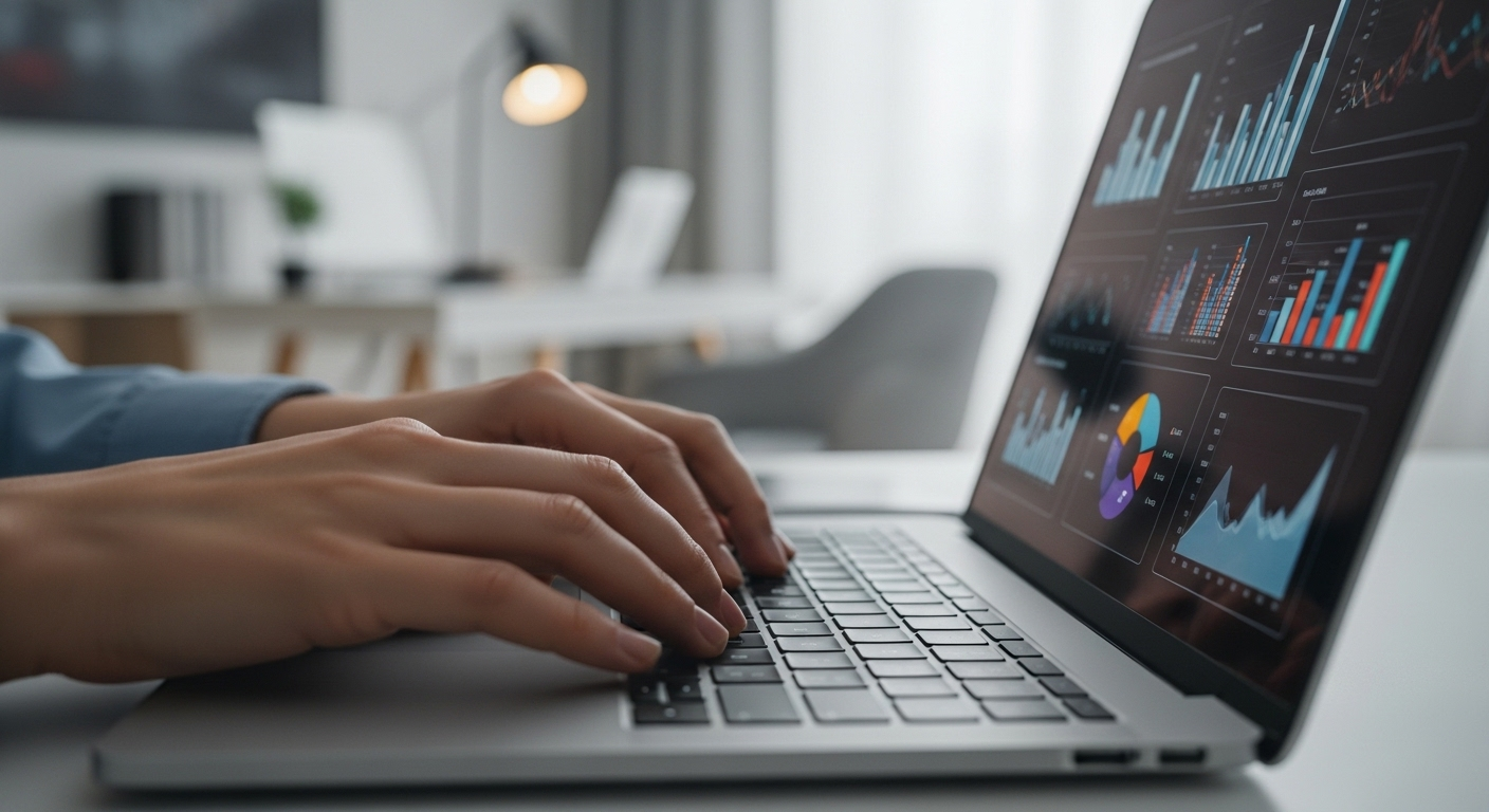 Cận cảnh bàn tay đang gõ phím laptop trong văn phòng tại nhà hiện đại, màn hình hiển thị biểu đồ phân tích kinh doanh. Hình ảnh minh họa việc lập kế hoạch chiến lược để tìm hiểu và triển khai các cách kiếm tiền trên Facebook hiệu quả.