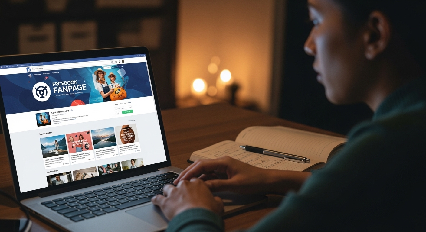 Người đang tập trung làm việc tại bàn, xem màn hình laptop hiển thị Fanpage Facebook chuyên nghiệp với nội dung và đồ họa thu hút. Sổ tay và bút trên bàn thể hiện sự đầu tư chiến lược để kiếm tiền trên Facebook.