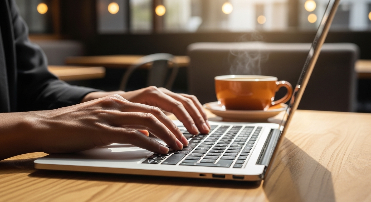 Bàn tay gõ laptop trong quán cà phê tràn nắng, làm việc linh hoạt để kiếm tiền trên Facebook.