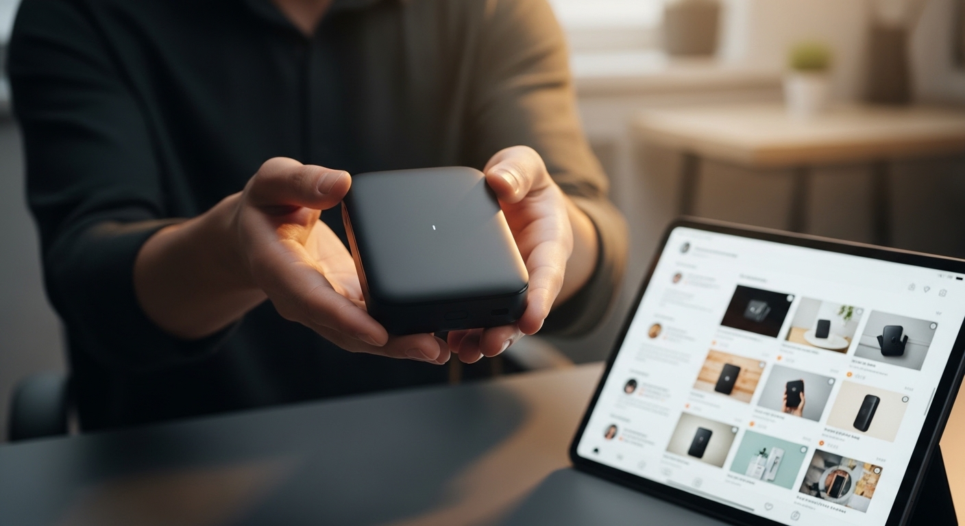 Cận cảnh bàn tay đang giới thiệu sản phẩm mới trong văn phòng tại nhà, với tablet hiển thị nội dung đánh giá sản phẩm nhằm kiếm tiền trên TikTok.