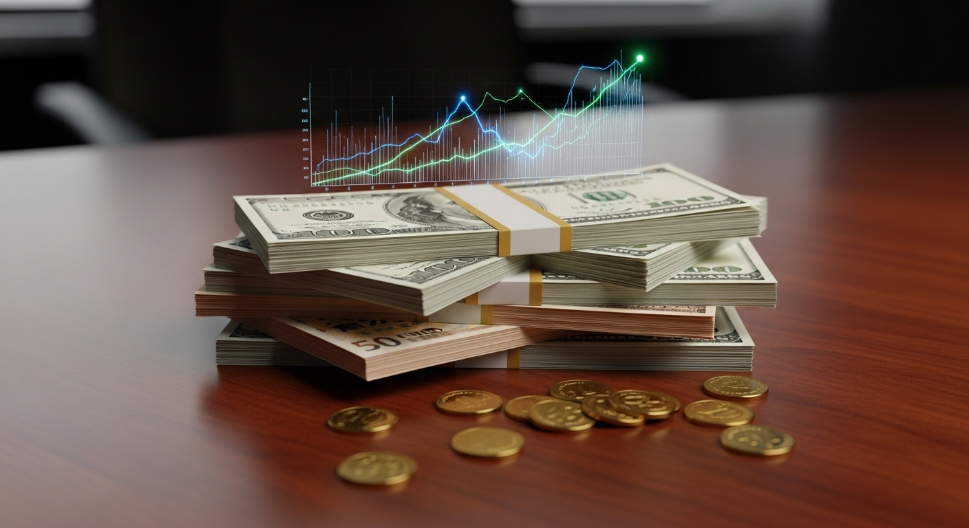 Cọc tiền mặt, tiền vàng lấp lánh trên bàn tối, cùng biểu đồ phân tích kỹ thuật số tăng trưởng. Minh họa thu nhập ấn tượng từ cách kiếm tiền trên TikTok.