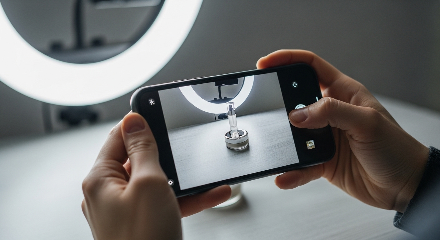 Cận cảnh tay cầm smartphone quay video sản phẩm mỹ phẩm dưới đèn ring chuyên nghiệp, minh họa cách làm tiếp thị liên kết TikTok hiệu quả.