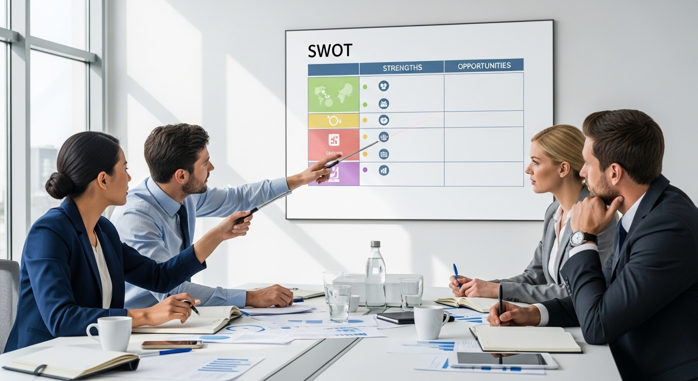 Nhóm 4 chuyên gia kinh doanh đa dạng đang hợp tác, chỉ vào và thảo luận về ma trận SWOT kỹ thuật số được chiếu trên tường.