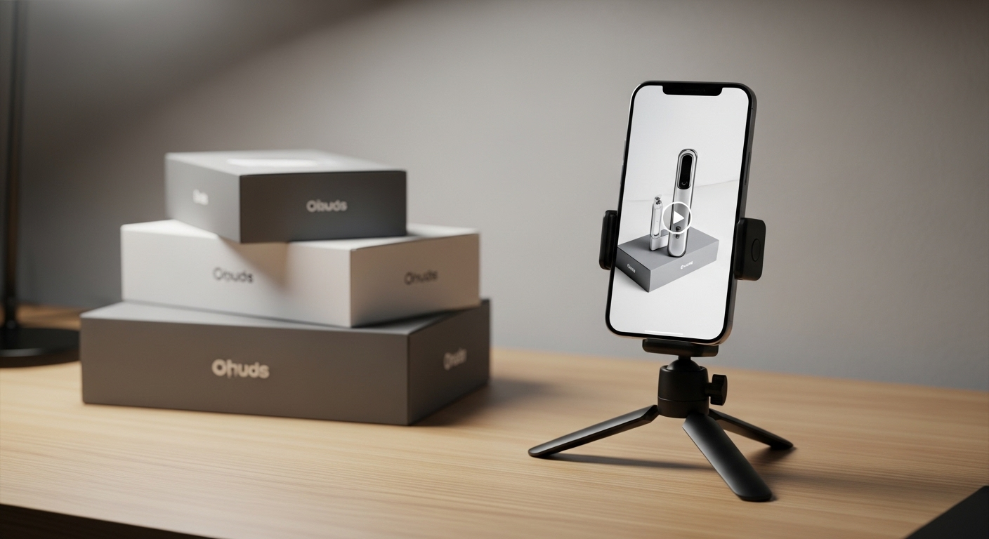 Bàn làm việc tối giản hiện đại với smartphone gắn tripod đang quay video sản phẩm. Các hộp vận chuyển thương hiệu xếp gọn gàng, minh họa quy trình bán hàng online và kiếm tiền trên TikTok hiệu quả.