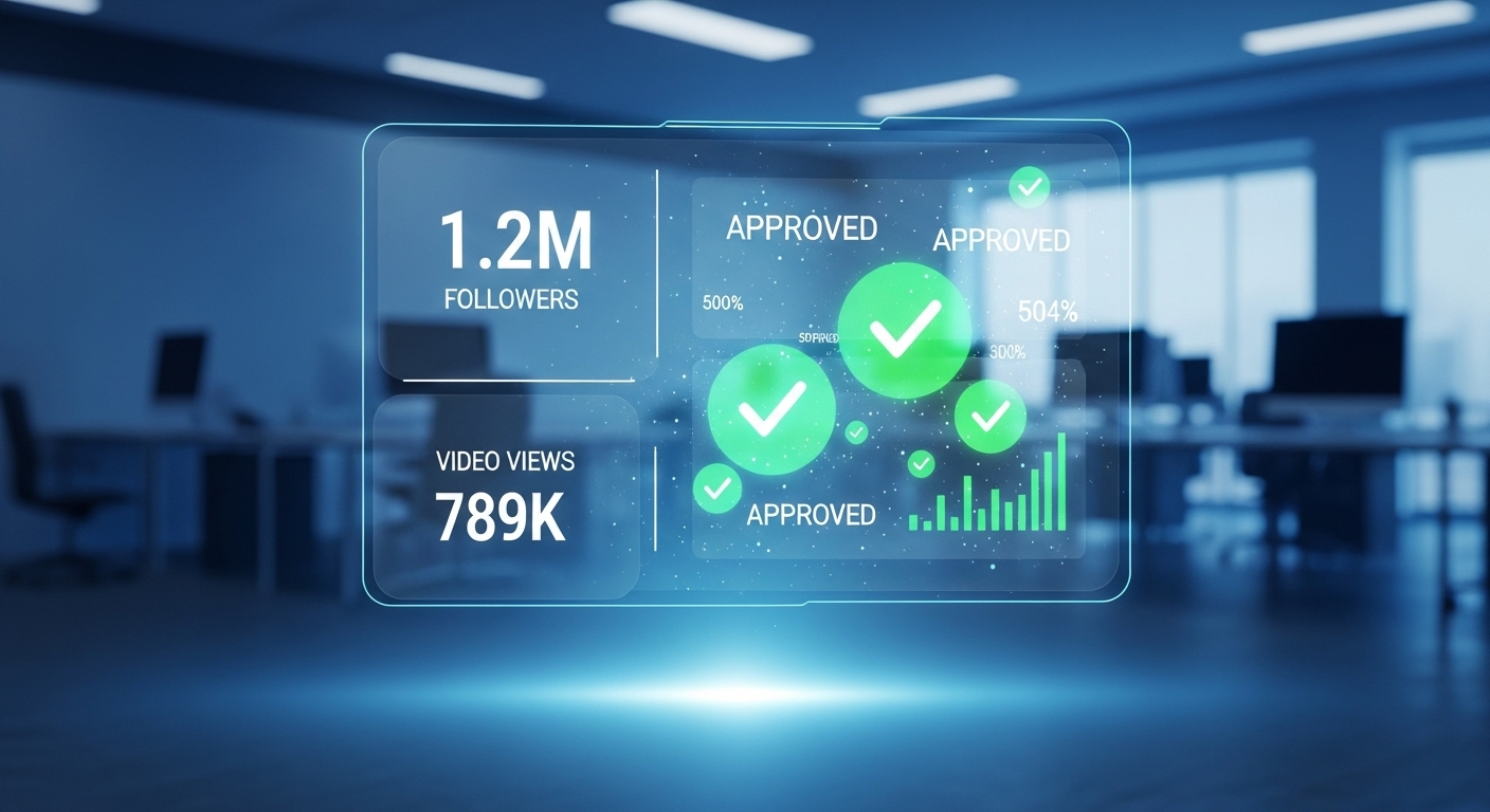 Giao diện ba chiều phát sáng hiển thị lượt theo dõi, lượt xem và dấu tích xanh 