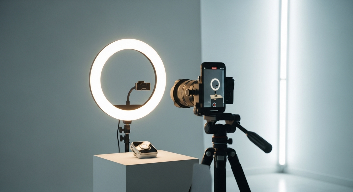 Thiết lập studio quay video sản phẩm chuyên nghiệp với đèn ring light, điện thoại gắn tripod và sản phẩm trên bệ trắng, công cụ hiệu quả cho các cách kiếm tiền trên TikTok qua nội dung. Thiết lập studio quay video sản phẩm chuyên nghiệp với đèn ring light, điện thoại gắn tripod và sản phẩm trên bệ trắng, công cụ hiệu quả cho các cách kiếm tiền trên TikTok qua nội dung.