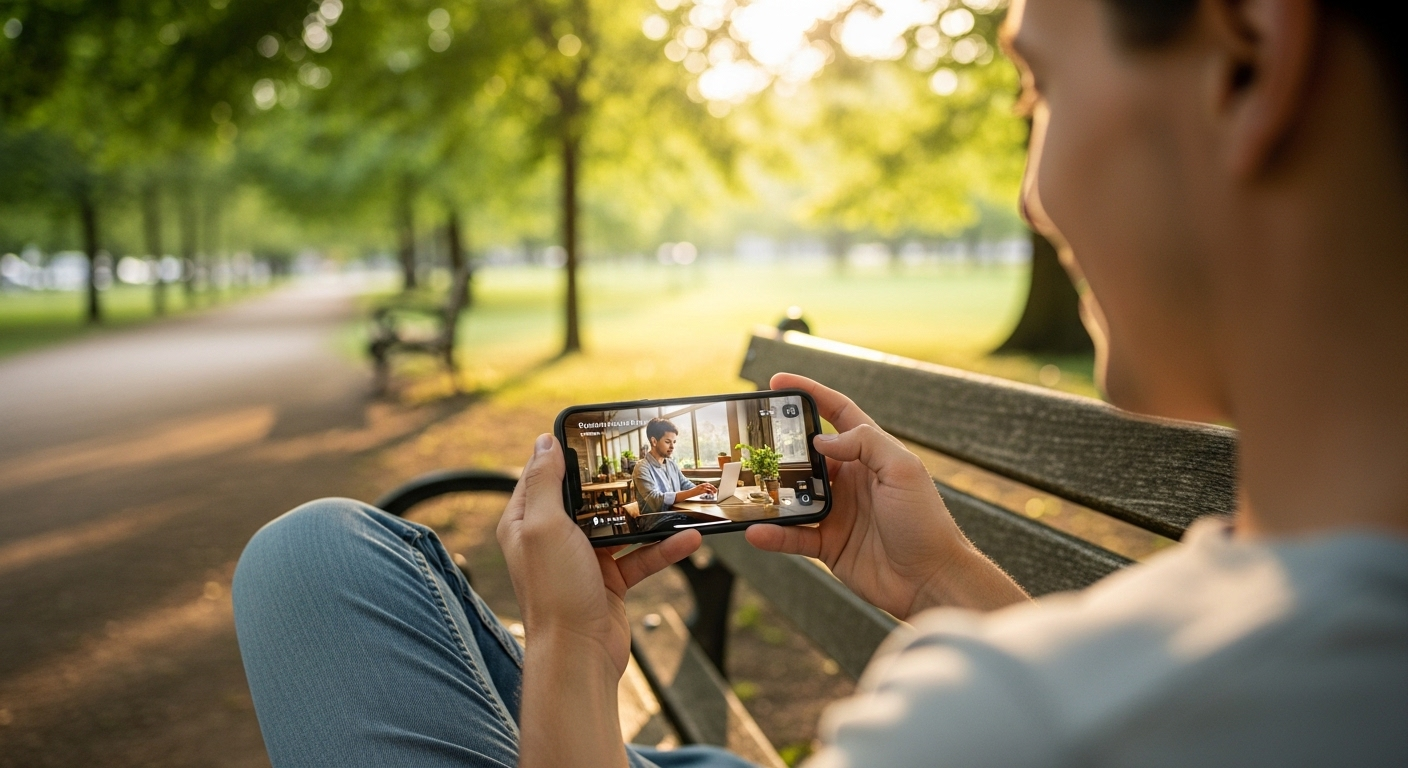 Người thư giãn trên ghế công viên, xem video trên smartphone dưới ánh nắng. Hình ảnh này nhấn mạnh sự linh hoạt khi kiếm tiền trên TikTok bằng cách xem video một cách thoải mái.