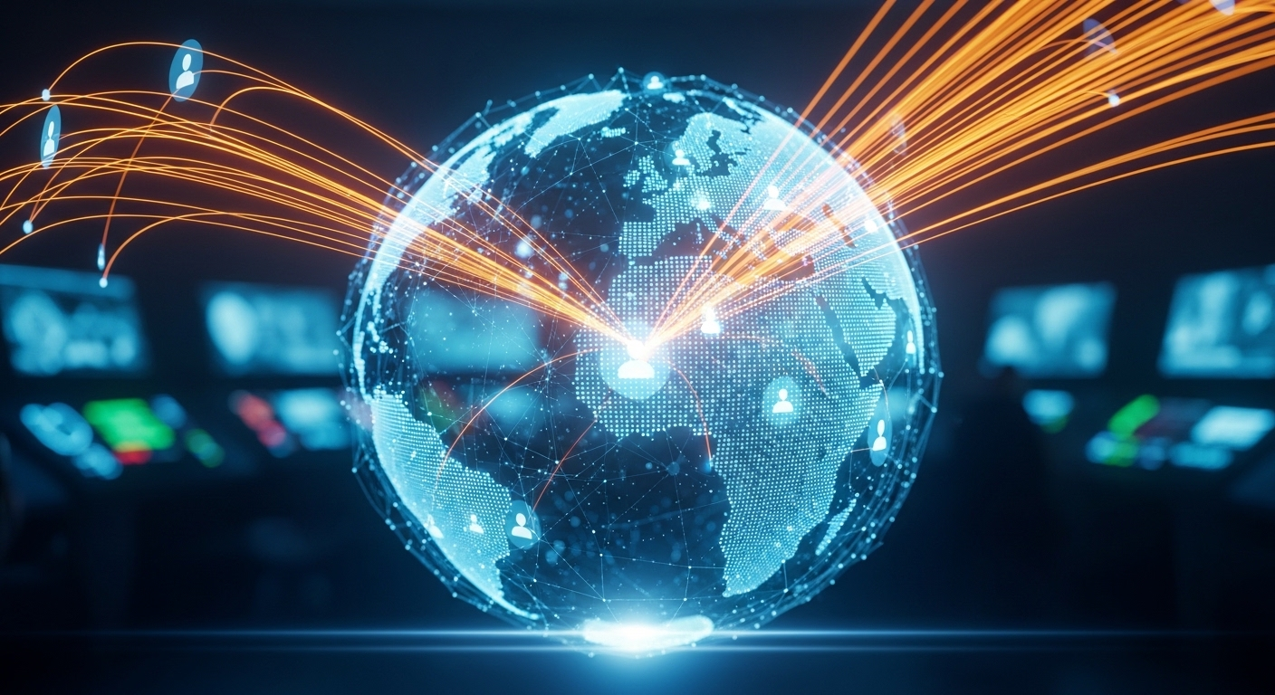 Hologram địa cầu công nghệ cao hiển thị dữ liệu và kết nối người dùng toàn cầu, minh họa sự lan truyền nội dung nhanh chóng – yếu tố then chốt để tìm cách kiếm tiền trên TikTok hiệu quả.