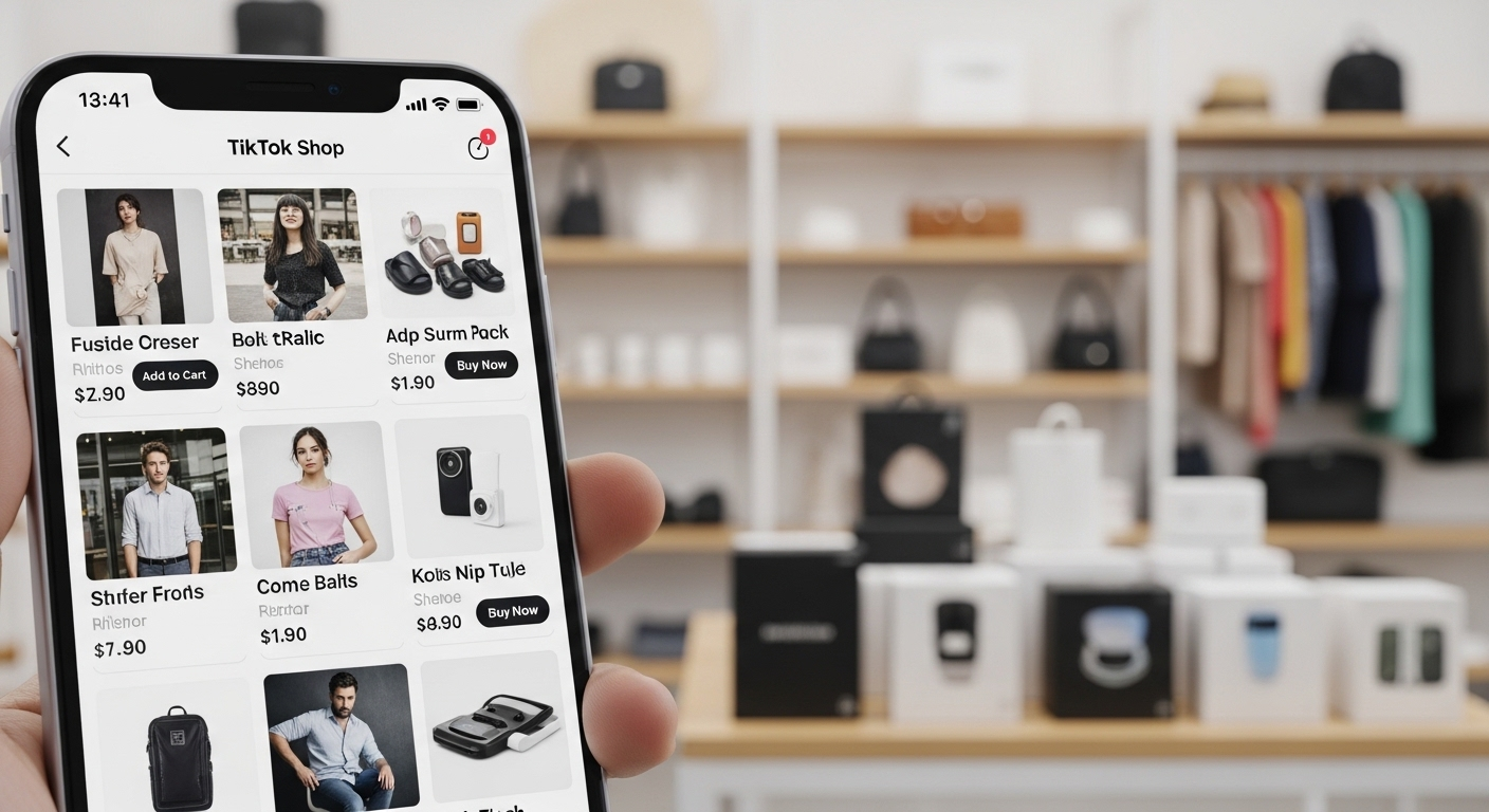 Điện thoại hiển thị giao diện TikTok Shop với các sản phẩm, minh họa cách kiếm tiền trên TikTok qua thương mại điện tử và bán lẻ.