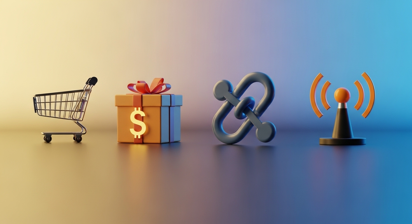 Các biểu tượng đa dạng tượng trưng cho nhiều nguồn thu nhập kỹ thuật số như bán hàng, nhận quà, hợp tác và phát sóng trực tiếp, minh họa các cách bật kiếm tiền trên TikTok và nhiều nền tảng online khác.