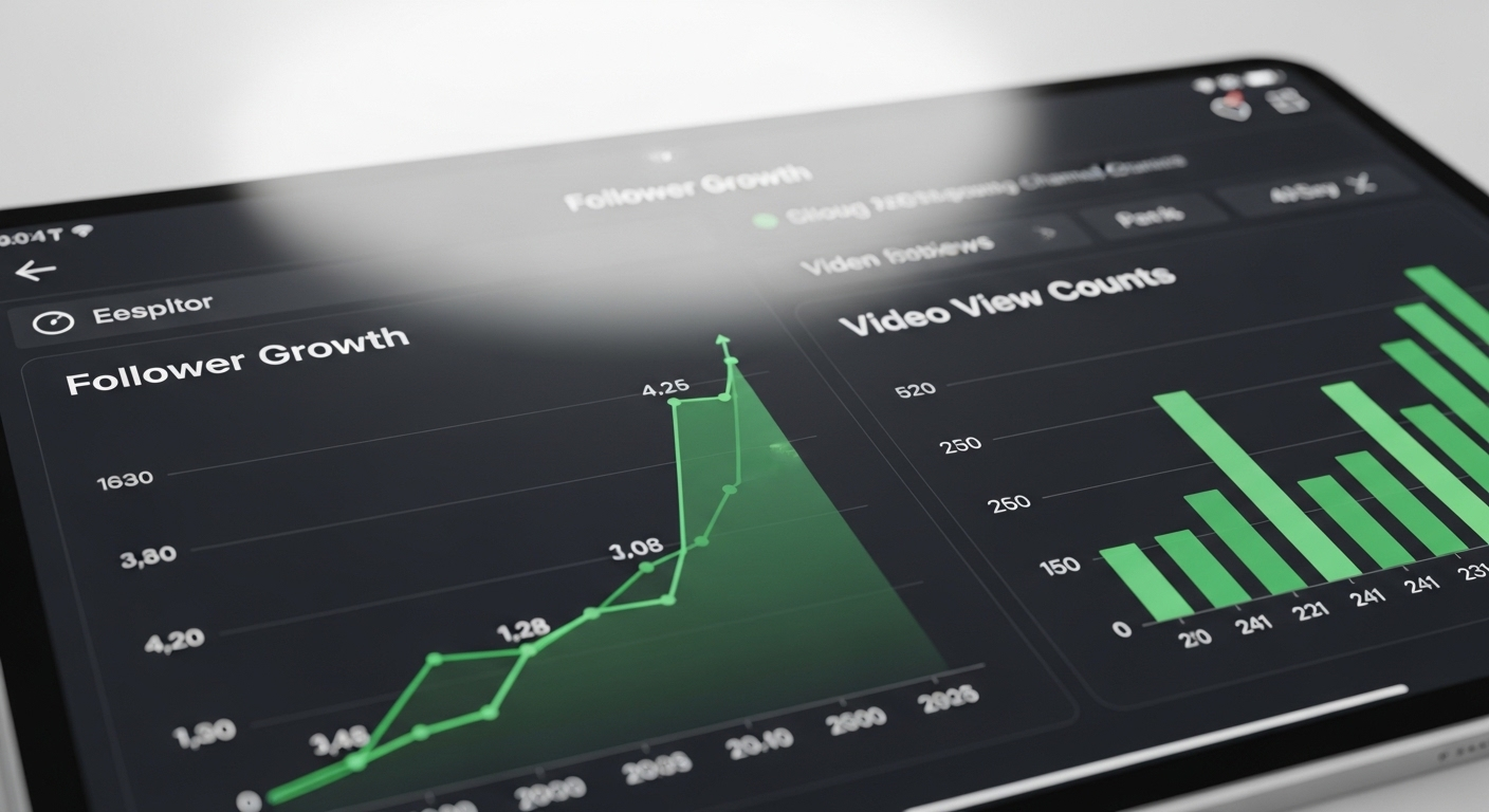 Cận cảnh bảng điều khiển dữ liệu trên máy tính bảng, hiển thị biểu đồ tăng trưởng follower và lượt xem video TikTok với xu hướng tăng, minh họa cách kiếm tiền từ TikTok hiệu quả.