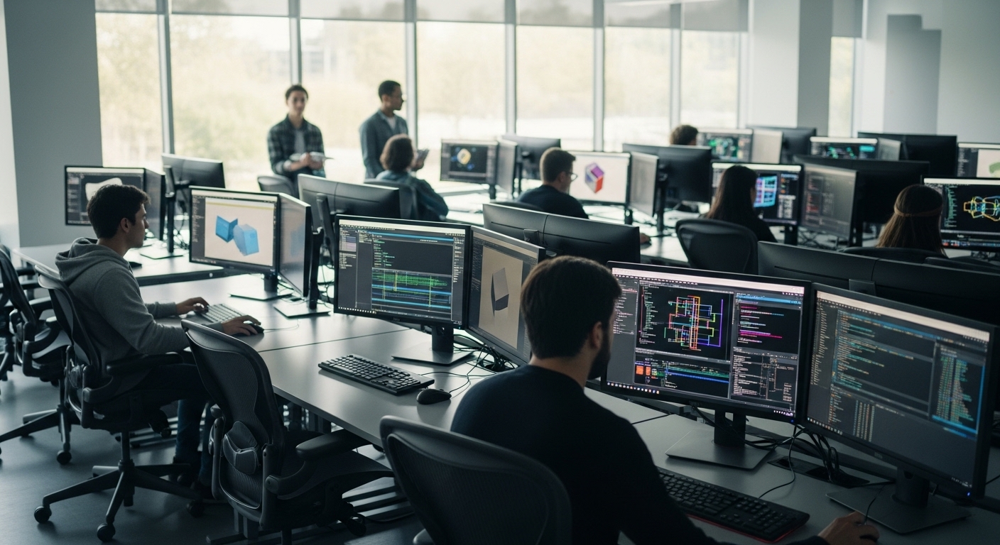 Phòng lab máy tính đại học hiện đại với các máy trạm hiệu suất cao hiển thị phần mềm thiết kế chuyên nghiệp, thể hiện môi trường học tập lý tưởng cho Ngành truyền thông đa phương tiện học trường nào ở TPHCM.