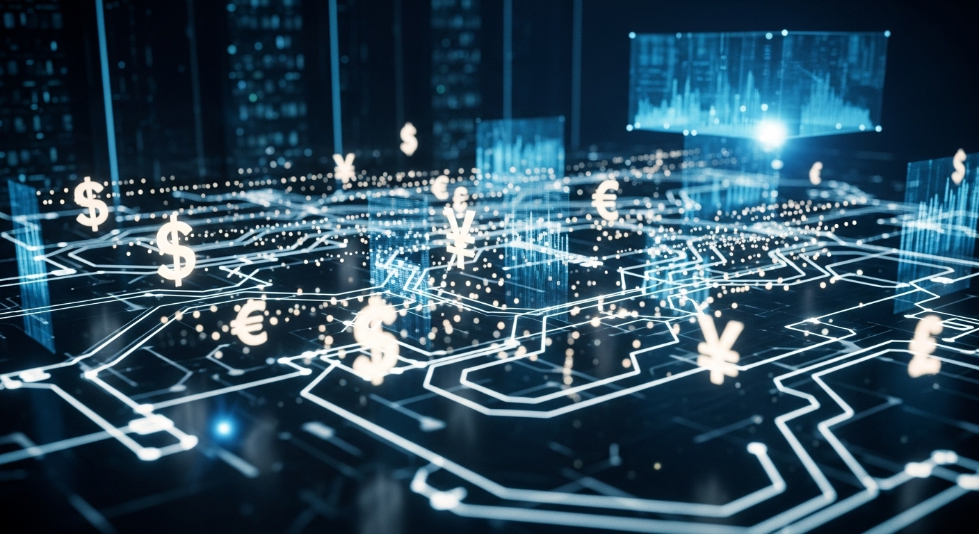 Mạng lưới kỹ thuật số phức tạp với các biểu tượng tiền tệ phát sáng di chuyển, minh họa cơ chế hỗ trợ digital hiệu quả cho cách kiếm tiền trên Tiktok.