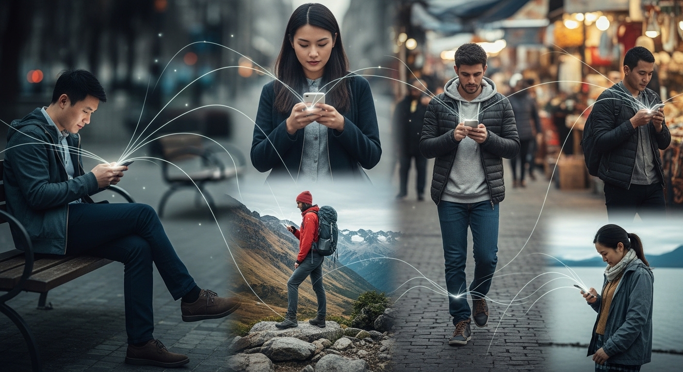 Nhóm người đa dạng tập trung vào smartphone, kết nối mạng lưới kỹ thuật số toàn cầu, tượng trưng cơ hội kiếm tiền trên TikTok và phát triển online.