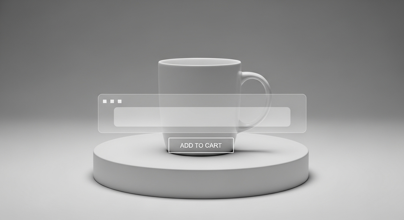 Cốc sứ trưng bày chuyên nghiệp với nút 'thêm vào giỏ hàng' ảo, minh họa chiến lược kiếm tiền trên TikTok từ bán sản phẩm online.