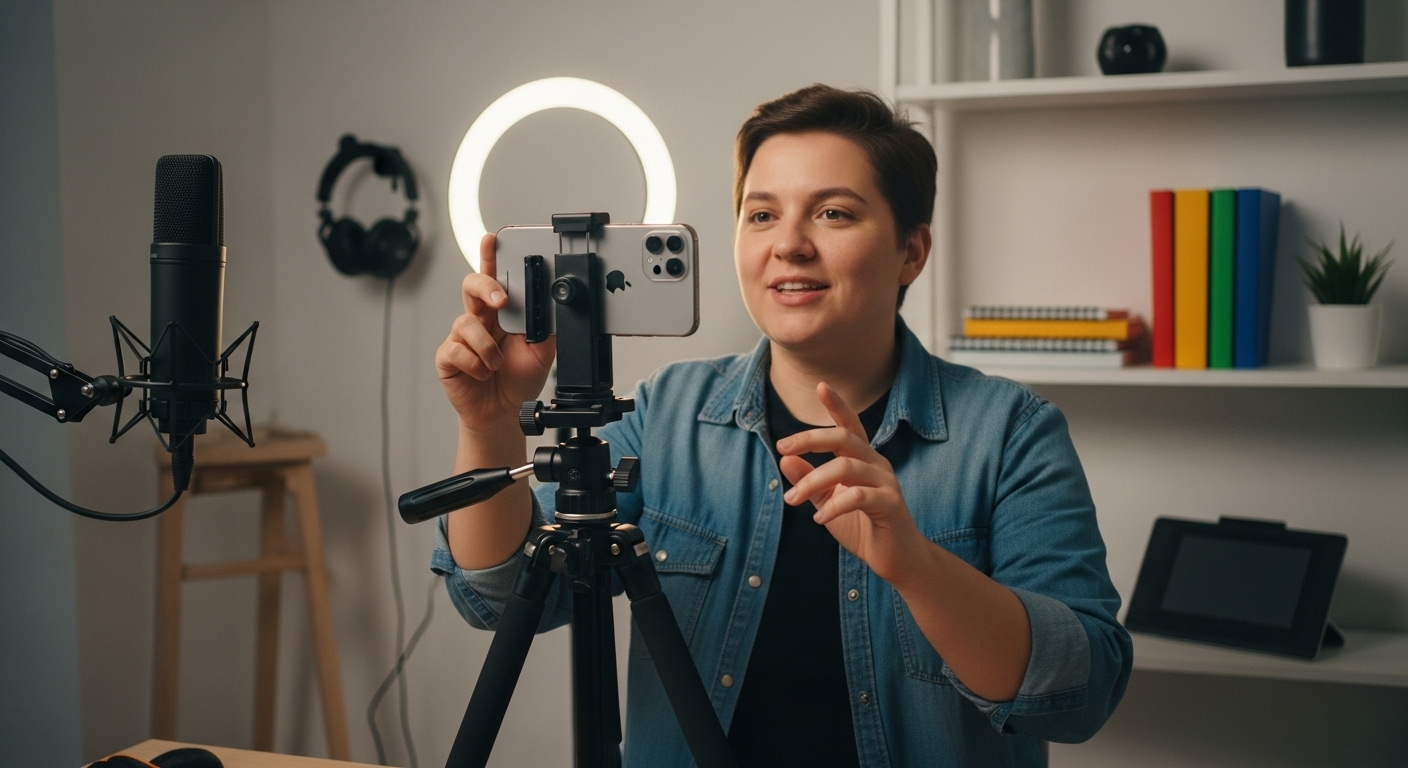 Người sáng tạo nội dung chuyên nghiệp đang quay video bằng điện thoại gắn tripod, dưới ánh đèn ring trong studio tại nhà gọn gàng, chuẩn bị nội dung để tìm hiểu cách bật kiếm tiền trên TikTok.