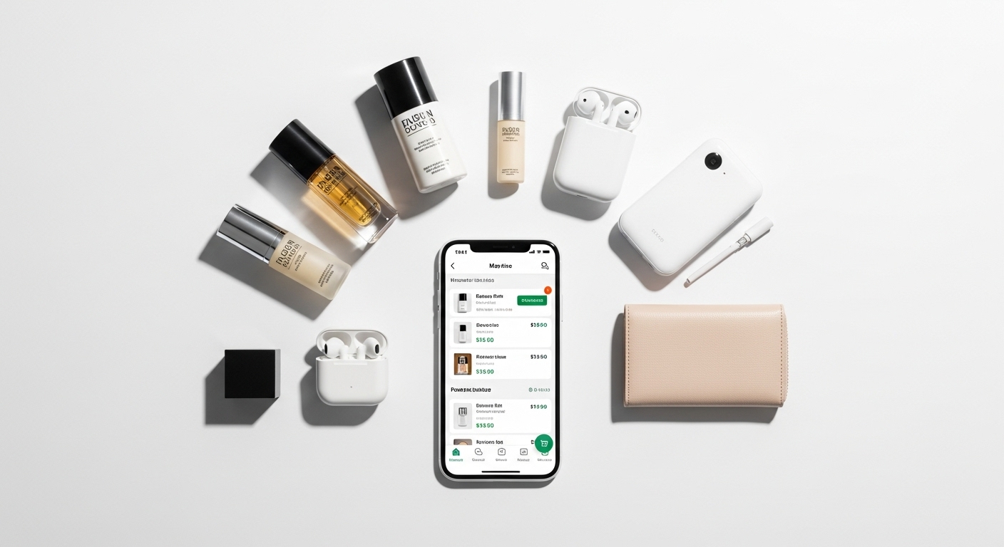 Ảnh flat lay sản phẩm mỹ phẩm, đồ công nghệ gói đẹp mắt quanh điện thoại hiển thị cửa hàng online. Minh họa tiềm năng cách kiếm tiền trên TikTok với các sản phẩm bán chạy.