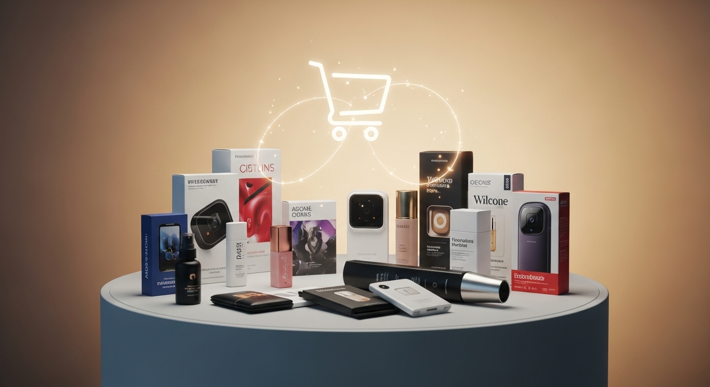 Bộ sản phẩm làm đẹp và công nghệ đa dạng trên bệ sáng, kèm biểu tượng giỏ hàng số, tượng trưng cho cơ hội kiếm tiền trên TikTok từ bán hàng trực tuyến.