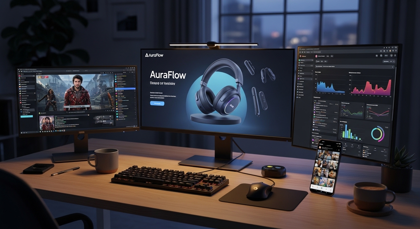 Không gian làm việc hiện đại với màn hình máy tính và điện thoại hiển thị livestream, quảng cáo sản phẩm và phân tích dữ liệu, minh họa cách hiệu quả để kiếm tiền trên TikTok Shop.