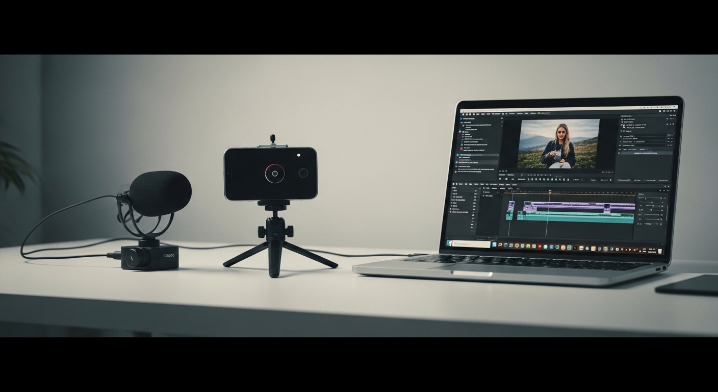 Setup sáng tạo nội dung số gọn gàng trên bàn làm việc tối giản, với smartphone trên tripod, mic, và laptop chỉnh sửa video – lý tưởng cho việc tìm hiểu cách kiếm tiền trên TikTok.