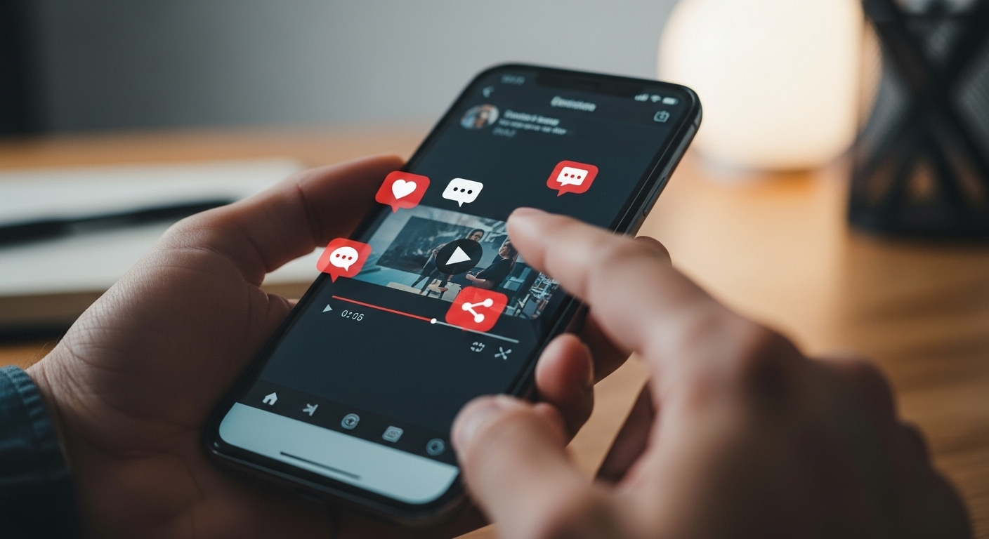 Bàn tay lướt điện thoại xem video ngắn, tương tác với tim và bình luận trên mạng xã hội, hình ảnh liên quan đến Cách bật kiếm tiền trên Tiktok.