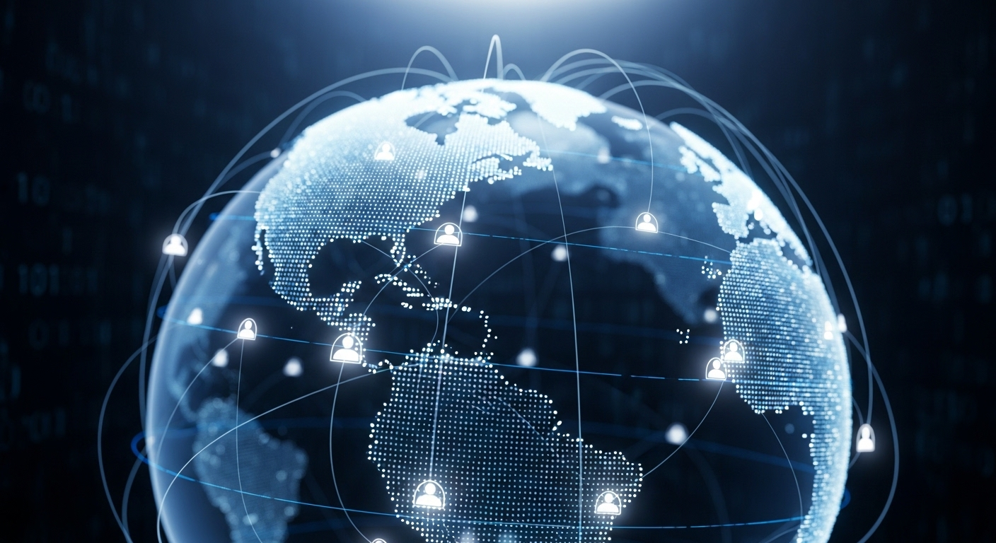 Mạng lưới kỹ thuật số toàn cầu với các điểm kết nối phát sáng, tượng trưng cho tiềm năng tương tác và kiếm tiền trên TikTok.
