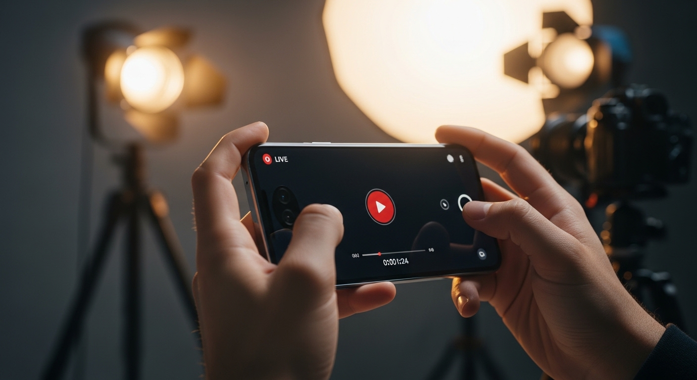 Cận cảnh tay cầm smartphone quay video ngắn chuyên nghiệp trong studio, bước đầu tìm hiểu cách bật kiếm tiền TikTok tại Việt Nam.