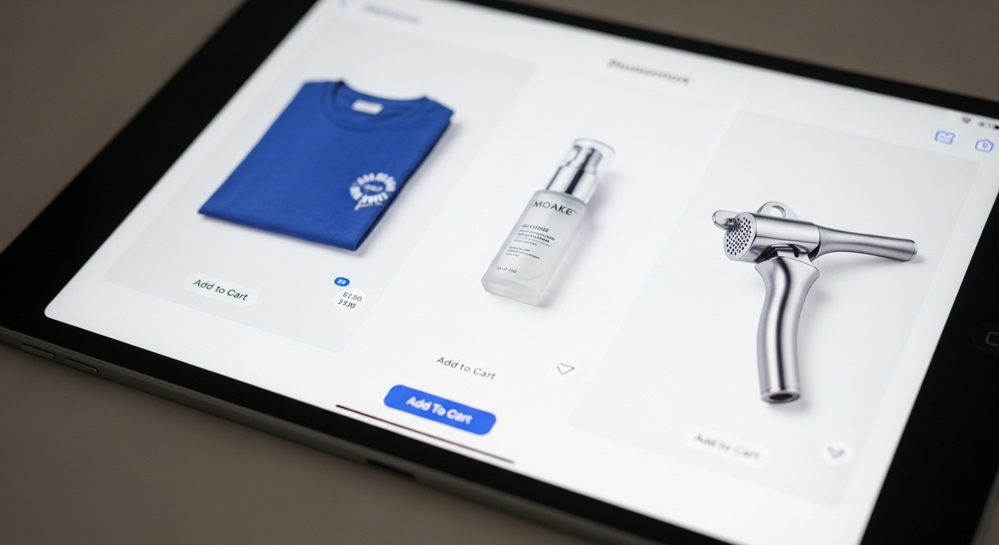 Màn hình máy tính bảng hiện đại hiển thị tuyển chọn đa dạng sản phẩm như áo thun, mỹ phẩm, dụng cụ nhà bếp – gợi ý cách tìm nguồn hàng TikTok Shop chất lượng cho gian hàng online.