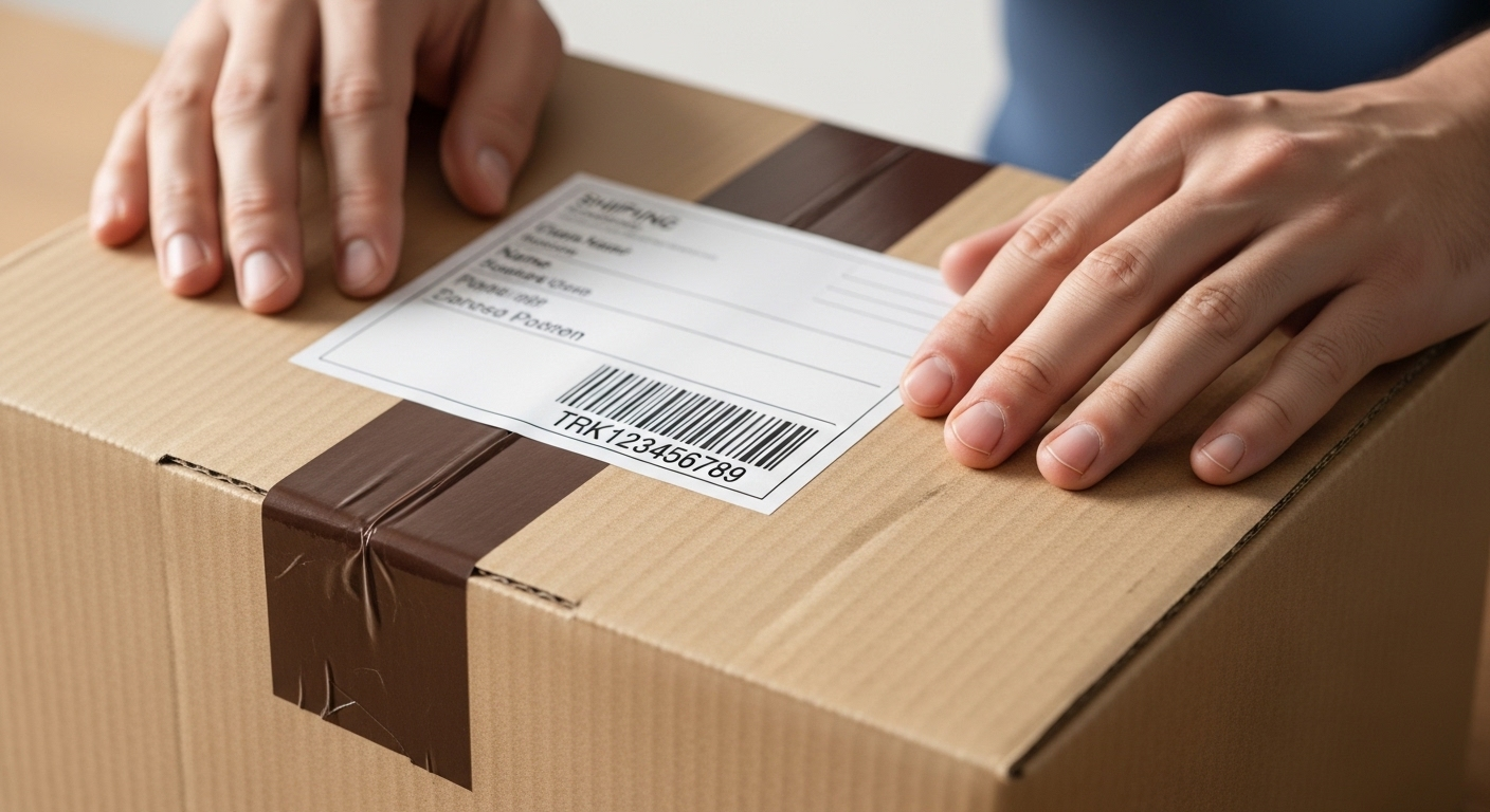 Cận cảnh tay khách hàng cẩn thận kiểm tra nhãn dán, băng keo và thông tin trên thùng hàng giao nhận. Lazada có cho kiểm tra hàng trước khi nhận không?