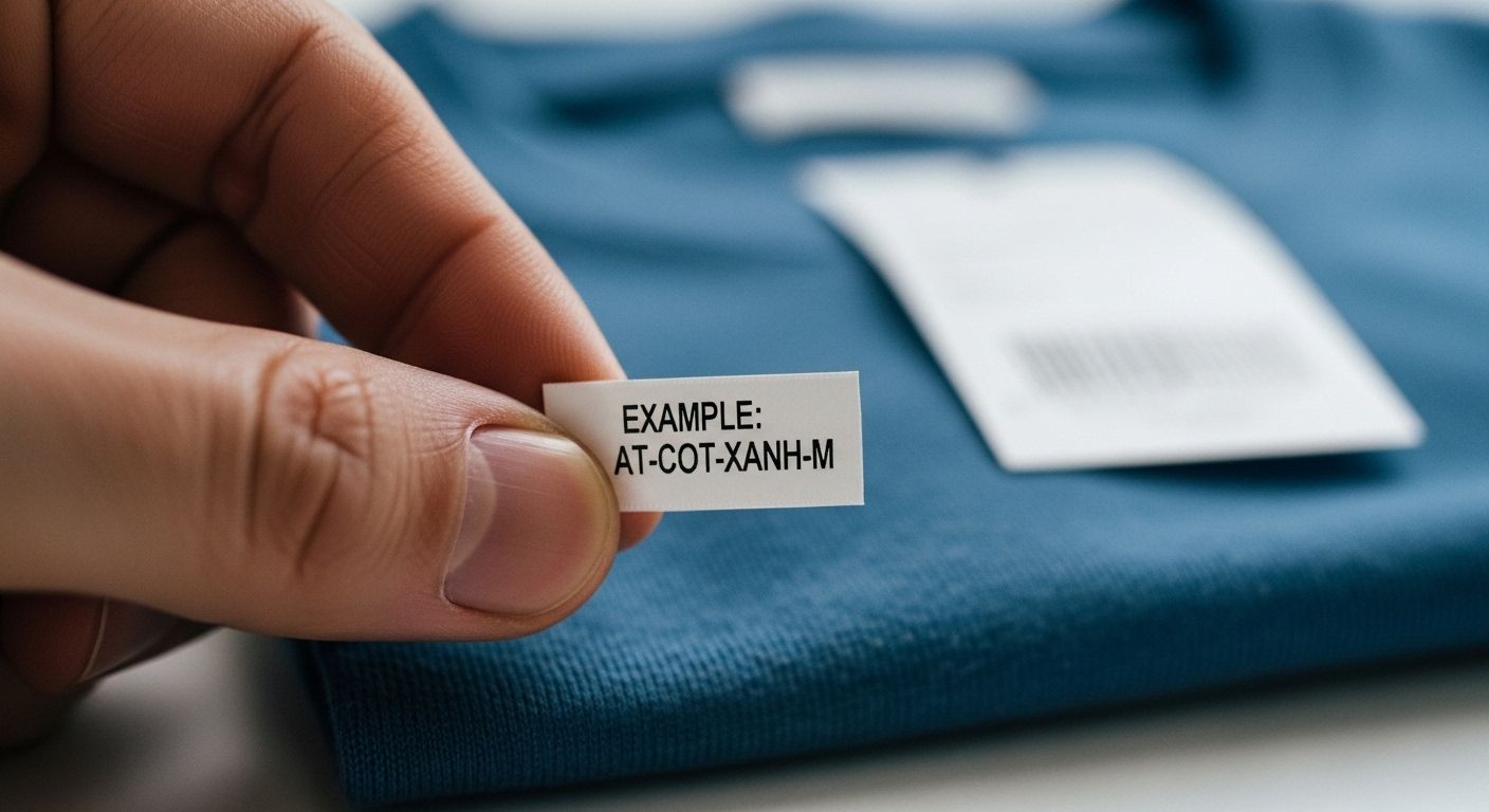 Cận cảnh bàn tay cầm nhãn sản phẩm, hiển thị rõ mã SKU sản phẩm Shopee 'AT-COT-XANH-M' của áo thun xanh mờ phía sau.