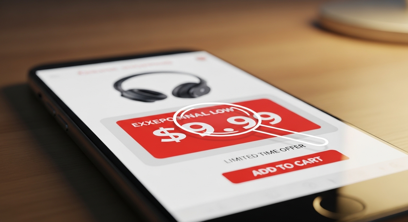 Màn hình điện thoại hiển thị trang sản phẩm online giá cực thấp, kèm biểu tượng kính lúp. Người dùng đang cân nhắc và tự hỏi Lazada có bán hàng giả không với mức giá này.