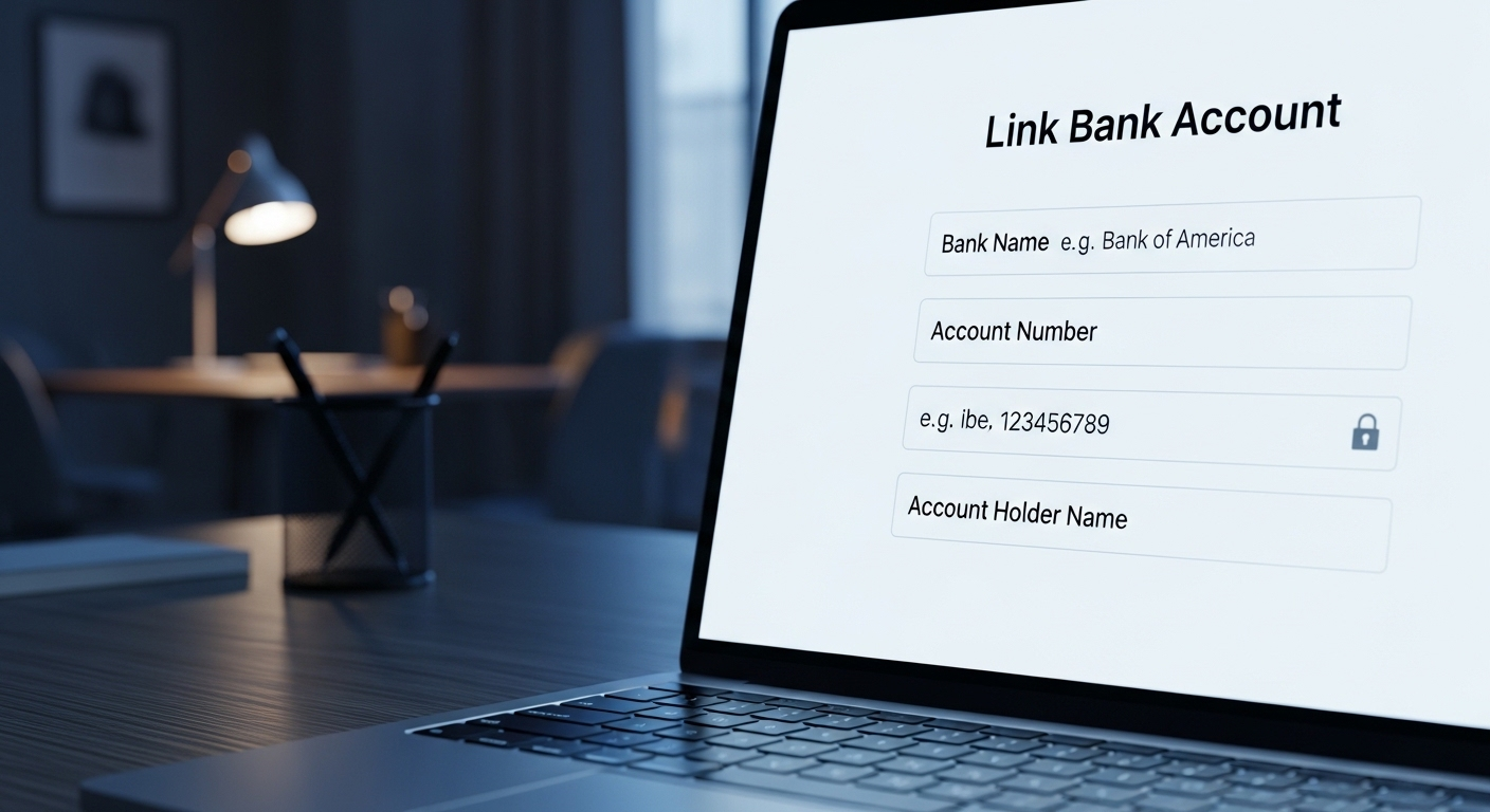 Màn hình laptop hiển thị form liên kết tài khoản ngân hàng, hướng dẫn cách rút tiền TikTok Shop an toàn.