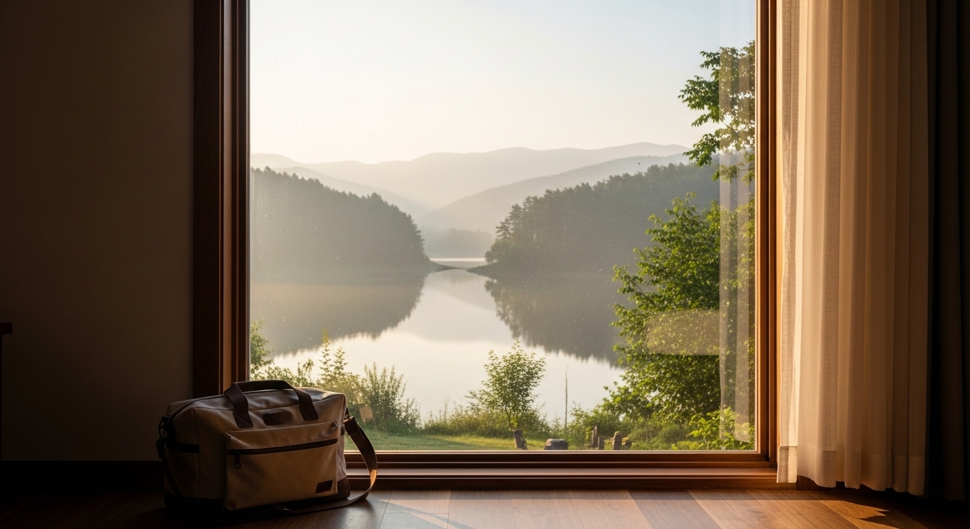 Túi du lịch nhỏ gọn bên cửa sổ đón ánh bình minh, khung cảnh thanh bình lý tưởng cho kỳ nghỉ hoặc khi bạn kích hoạt chế độ tạm nghỉ Shopee.